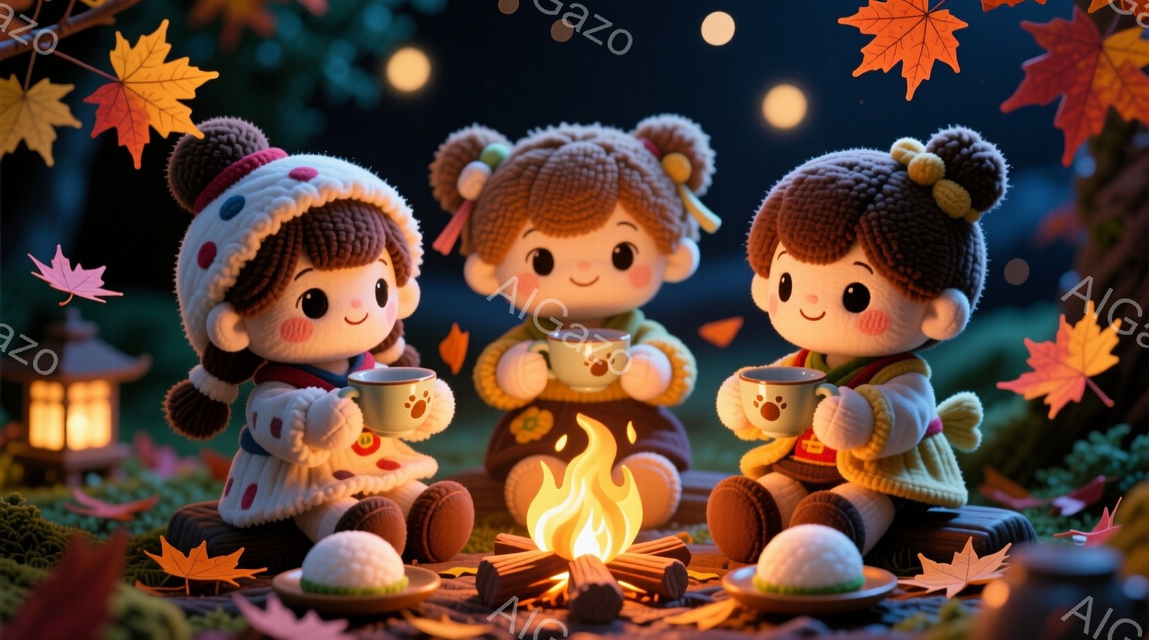 三人の可愛らしい少女が、暖炉のそばに座って温かい飲み物を楽しんでいます。彼女たちは皆、ふっくらとした髪型で、赤いリボンと帽子を着用し、笑顔で可愛らしい表情をしています。背景には紅葉した木々とぼんぼりが灯り、あたりは秋の夜の暖かく幻想的な雰囲気に包まれています。