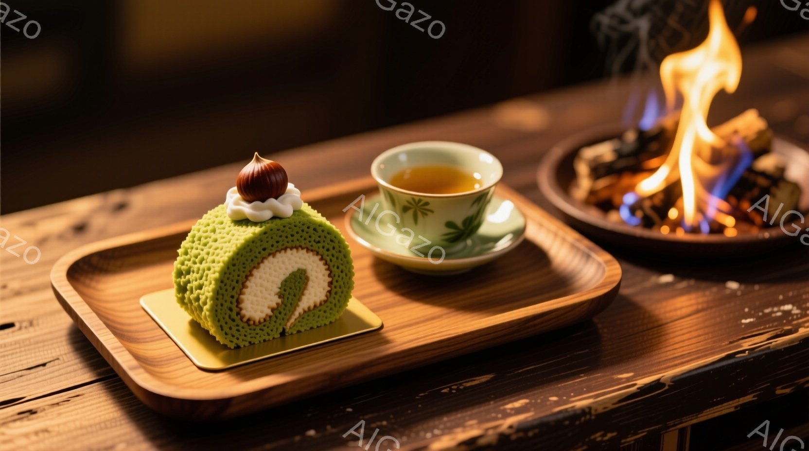 焦げ茶色の木製トレーの上に、抹茶色のロールケーキと、緑色の湯呑みが載っています。ロールケーキはクリームと栗で飾られており、湯呑みには琥珀色の液体が入っています。背景には暖炉の炎が見え、温かく落ち着いた雰囲気が漂っています。