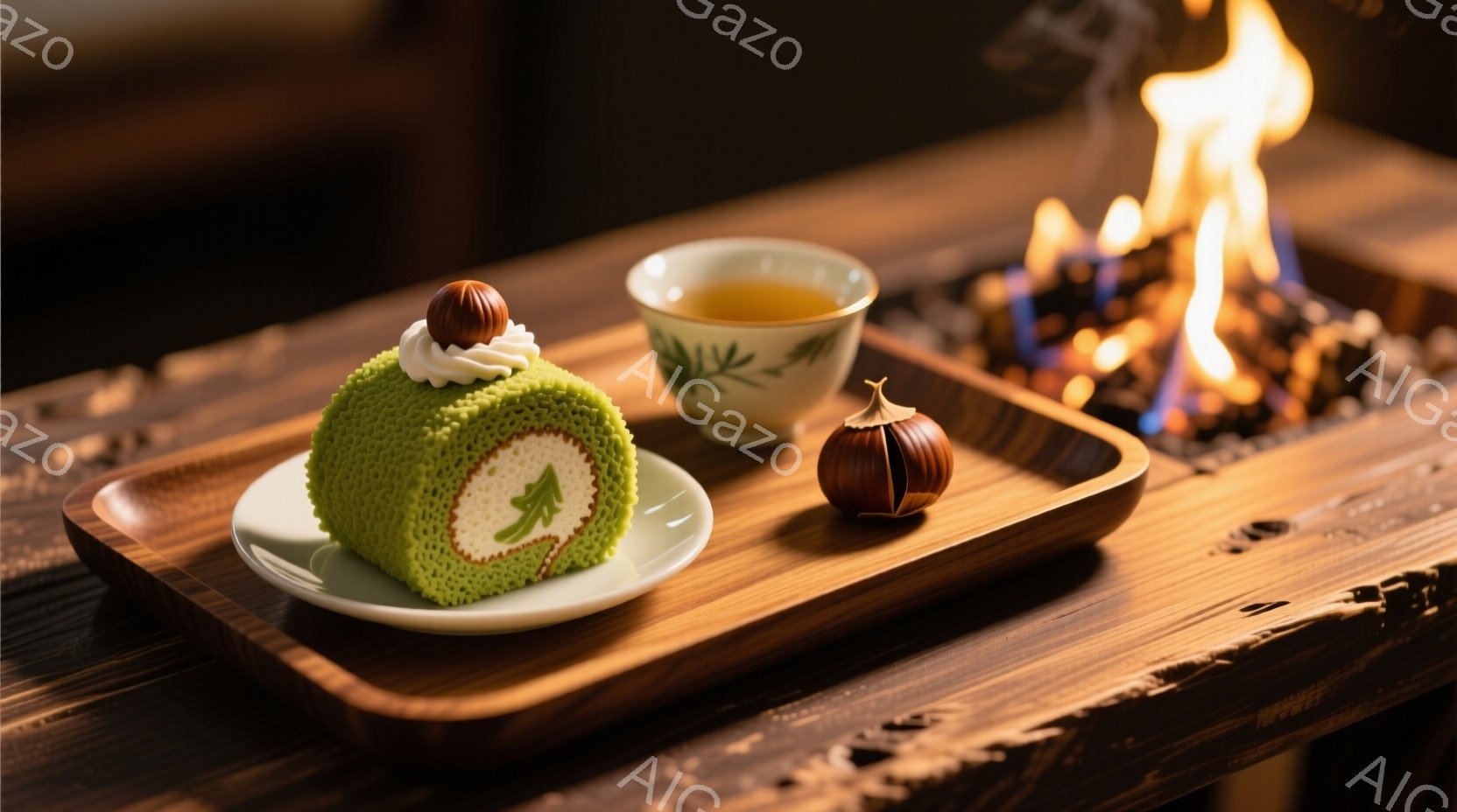 鮮やかな緑色のロールケーキが、白い小さな皿に乗せられ、木製のトレーの上に置かれています。ケーキの上にはクルミが飾られ、隣には緑茶の入った湯呑みが置かれ、その奥には暖炉の炎が見えます。全体的に温かく落ち着いた雰囲気で、秋の食欲をそそる情景が表現されています。