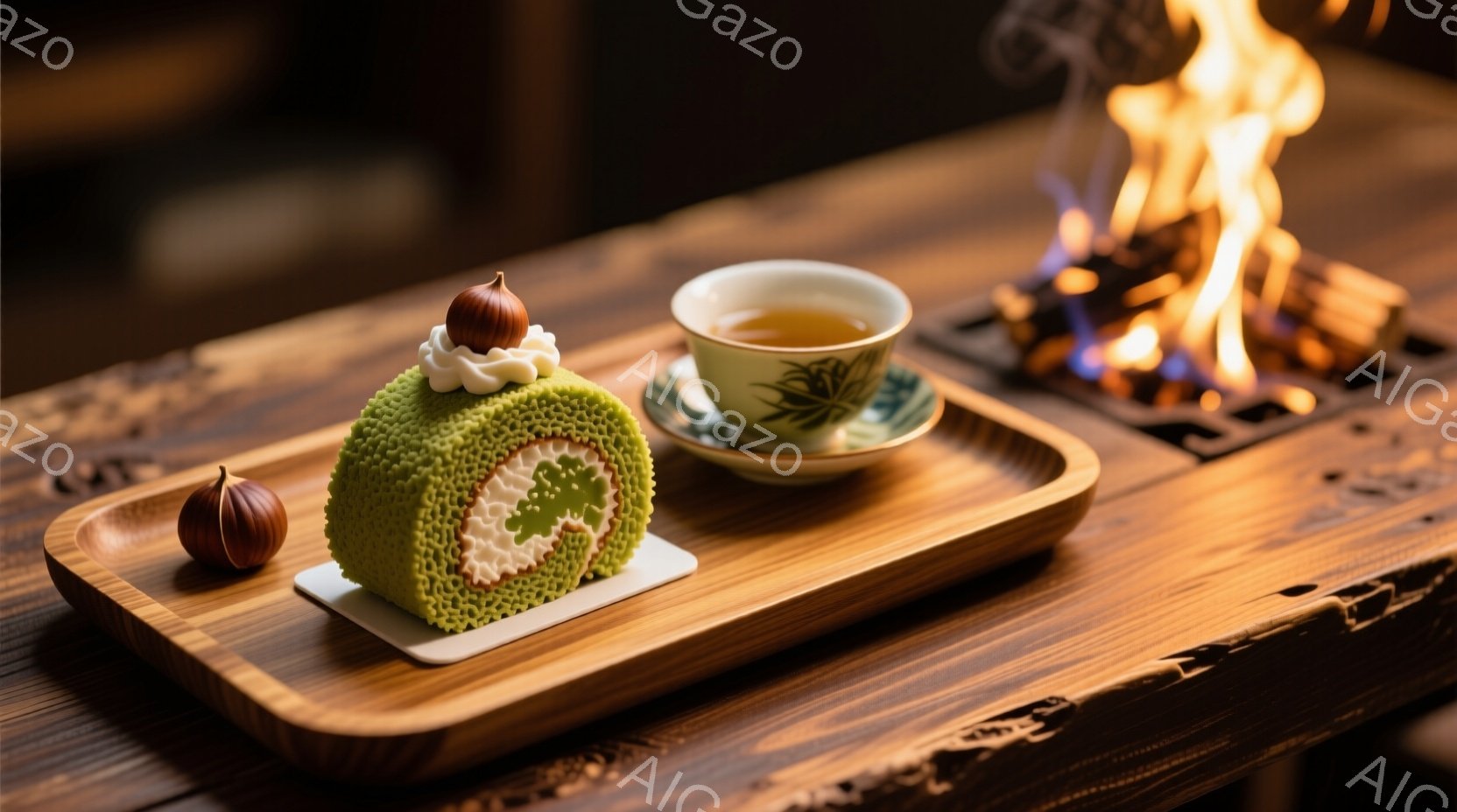 抹茶色のロールケーキが木製のトレイに乗せられ、横には栗が添えられています。背景には温かい光を放つ暖炉が見え、落ち着いた温かい雰囲気を醸し出しています。ロールケーキの上には白いクリームと模様が施され、美しいコントラストを作り出しています。