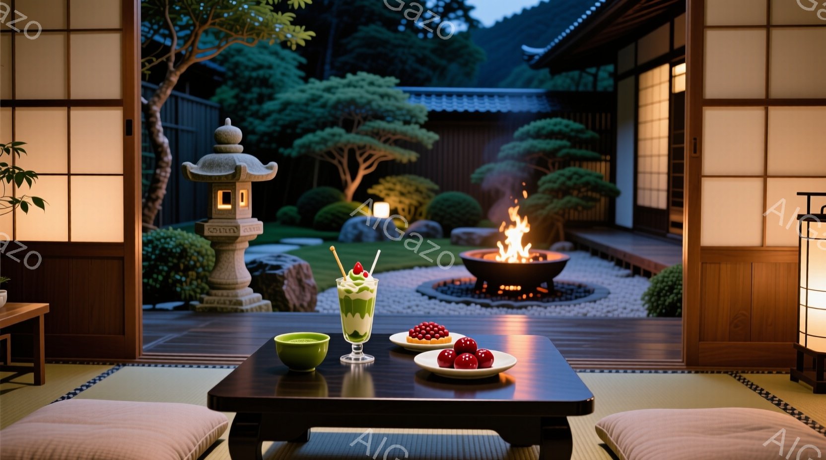 広々とした畳の部屋から見える日本庭園は、石灯籠や手入れの行き届いた木々が配置され、落ち着いた雰囲気を醸し出しています。低いテーブルの上には、鮮やかな緑色のデザートと赤い実の盛られた器が置かれ、夜の静寂の中で光を反射しています。背景には、夕暮れ時の山々がぼんやりと見え、暖炉の炎が庭園を柔らかく照らし出しています。