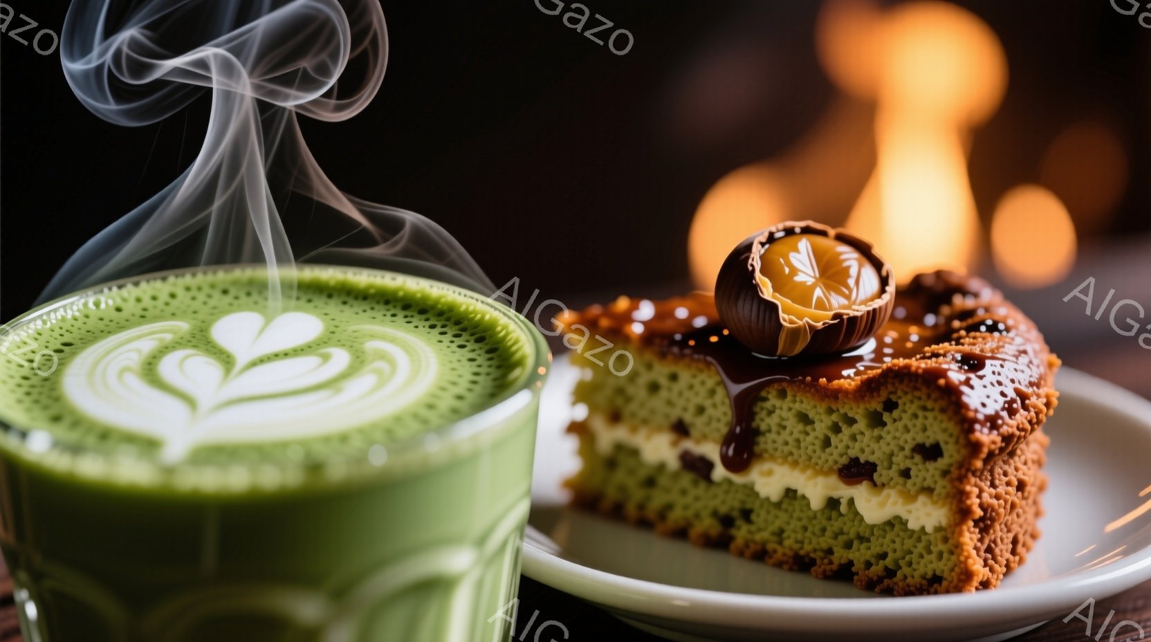 鮮やかな緑色のラテが、美しいラテアートで飾られており、湯気が立ち上っている。隣には、チョコレートソースとナッツが飾られた抹茶色のケーキのスライスが置かれ、白クリームとのコントラストが美しい。背景は暗めで、ぼやけた光が暖かく、落ち着いた雰囲気を醸し出している。
