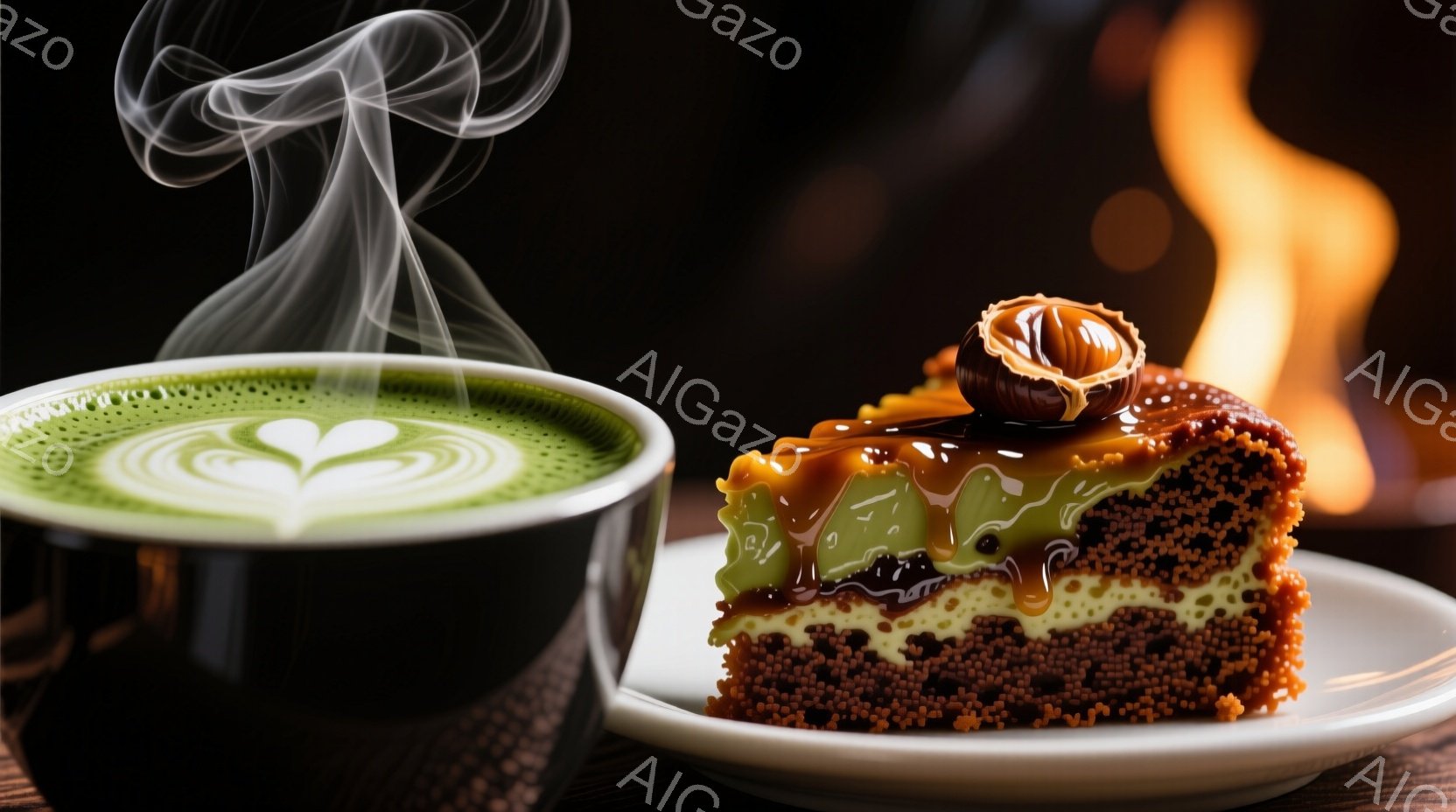 漆黒のカップから立ち上る湯気と、カラメルと抹茶色の美しい層が特徴的なケーキが印象的な写真です。ケーキは砕いたビスケットのような生地の上に、とろりとしたカラメルソースと抹茶のクリームが重ねられ、上にはナッツが飾られています。背景は暗く、ぼやけた光がケーキとコーヒーの温かみを引き立てています。