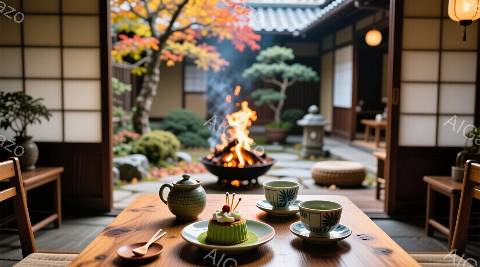 庭園を望む木製のテーブルの上に、抹茶色のケーキ、湯呑み、急須が置かれています。背景には、燃え盛る囲炉裏、美しい紅葉、手入れの行き届いた日本庭園が広がっており、穏やかで落ち着いた雰囲気が漂っています。秋の暖かな日差しが差し込み、日本の伝統的な美しさが感じられます。