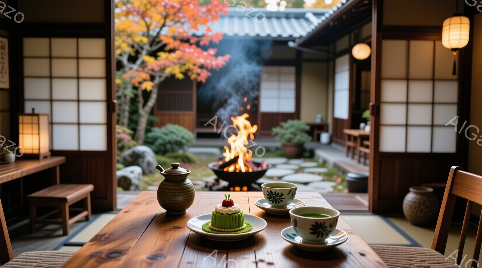 畳敷きの縁側から見える庭には、燃え盛る炉があり、紅葉が鮮やかに彩られています。木製のテーブルの上には、緑色のケーキと湯呑みが置かれ、ほっとするティータイムを予感させます。全体的に落ち着いた色調と庭の自然が調和し、穏やかで優雅な雰囲気を醸し出しています。