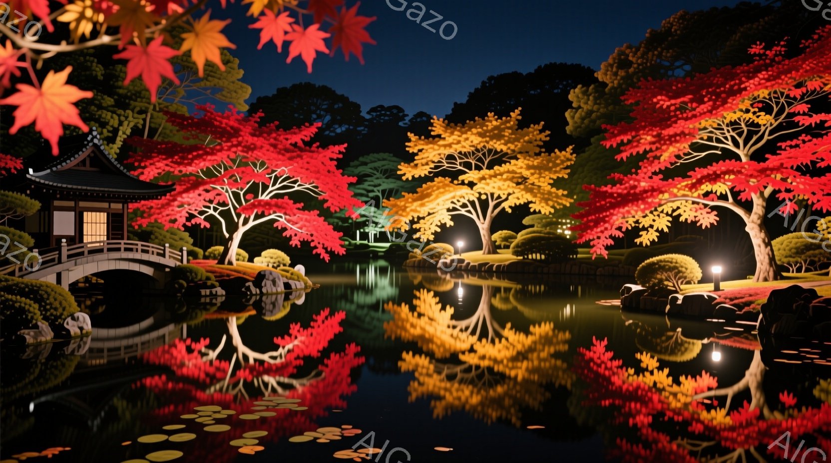 鮮やかな紅葉が水面に映り込み、幻想的な光景が広がっています。古風な橋と建物が庭園内に点在し、静かで落ち着いた雰囲気を醸し出しています。夜空を背景に、赤や黄色の葉がより一層美しく、まるで絵画のような風景 - AI生成フリー素材