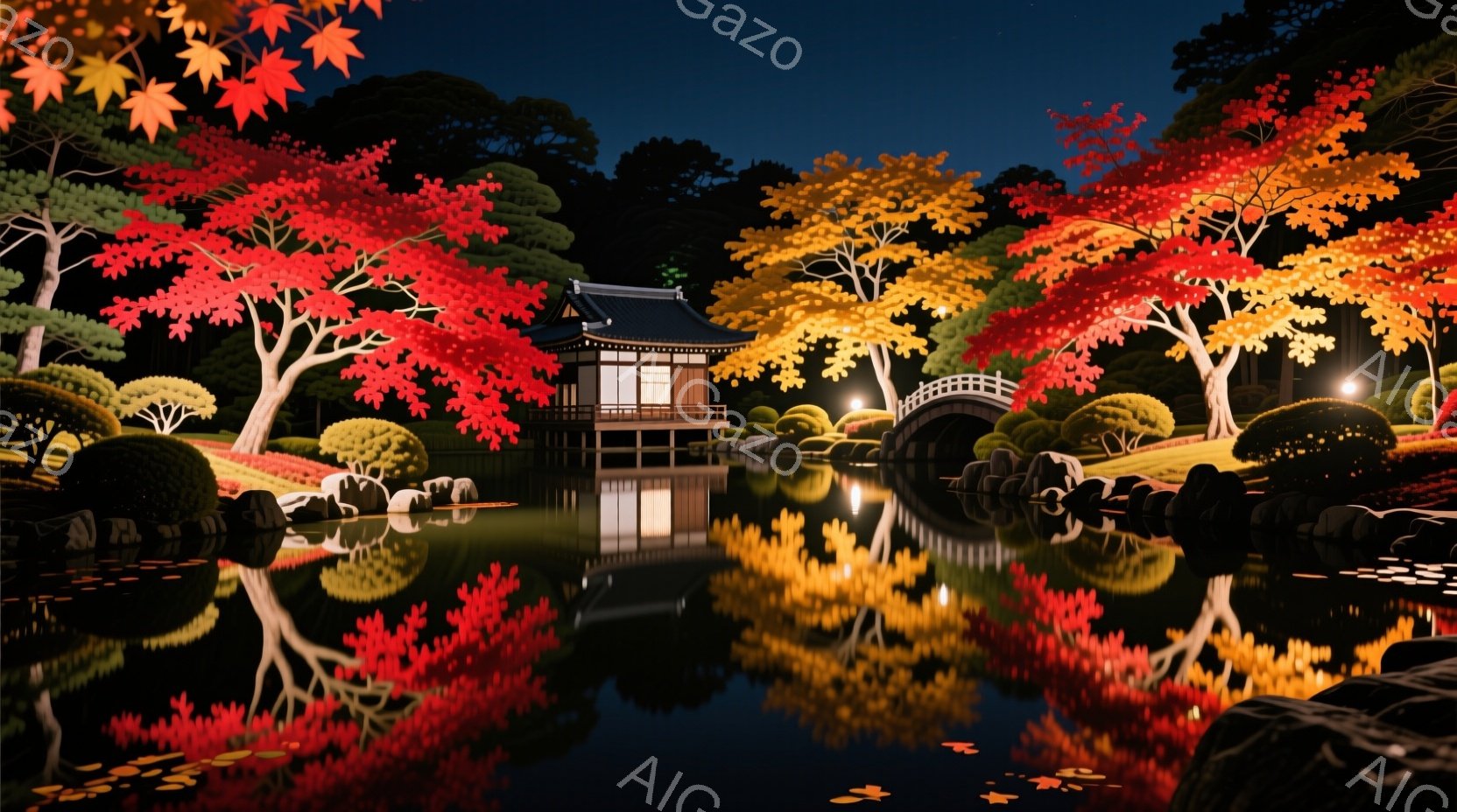 夜の庭園が描かれており、鮮やかな赤や黄色の紅葉が池に映り込んで美しい光景を作り出している。池の中央には、屋根付きの小さな建物があり、その手前にはアーチ型の橋が架かっている。全体的に静寂で幻想的な雰囲気が漂い、秋の夜の穏やかさを感じさせる。