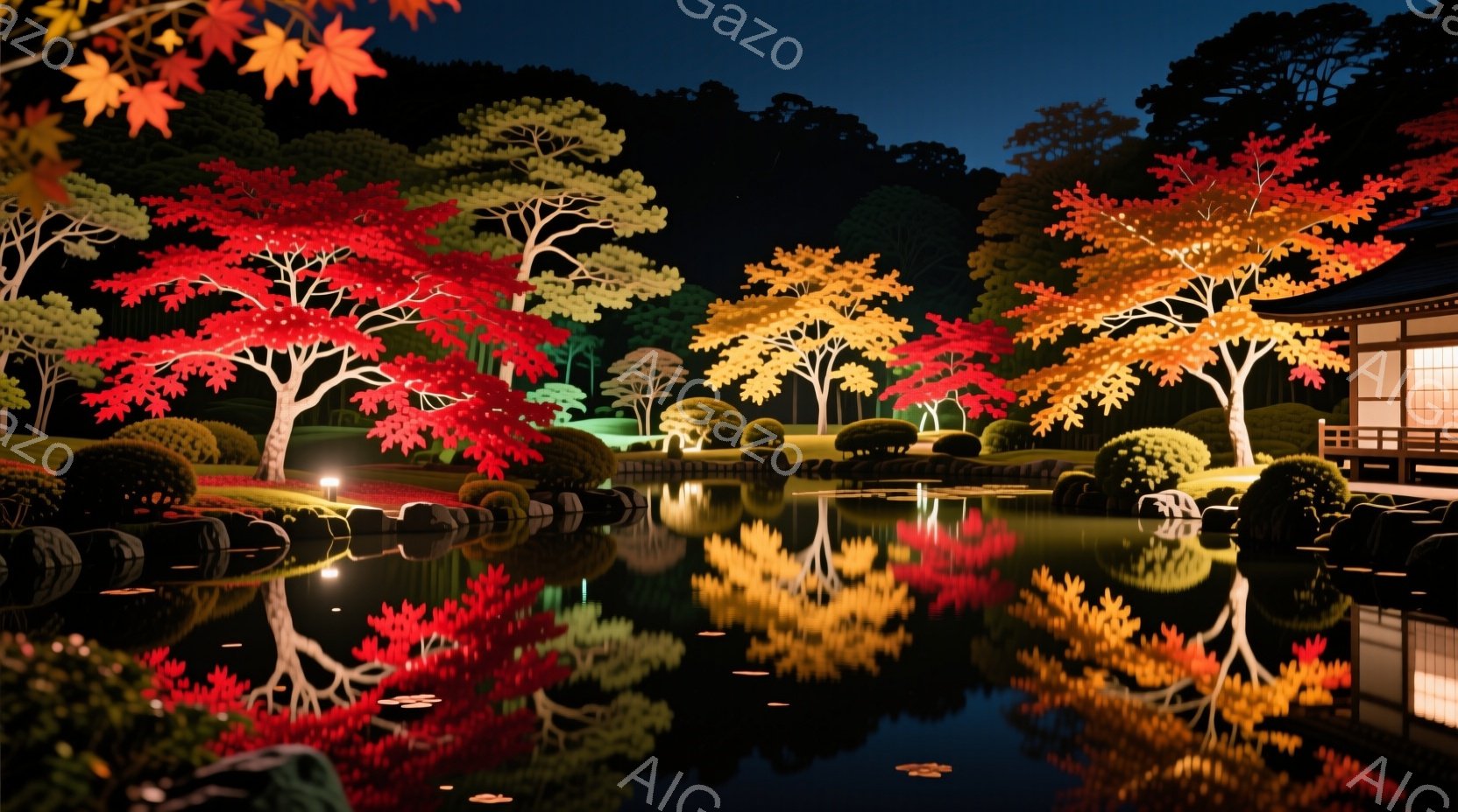深い緑に囲まれた池には、鮮やかな赤や黄色の紅葉が映り込み、水面はまるで鏡のようです。池の縁には、手入れの行き届いた草木が配置され、奥には伝統的な様式の建物が見えます。夜の静けさの中、紅葉の光が水面に揺らめき、幻想的な雰囲気を醸し出しています。