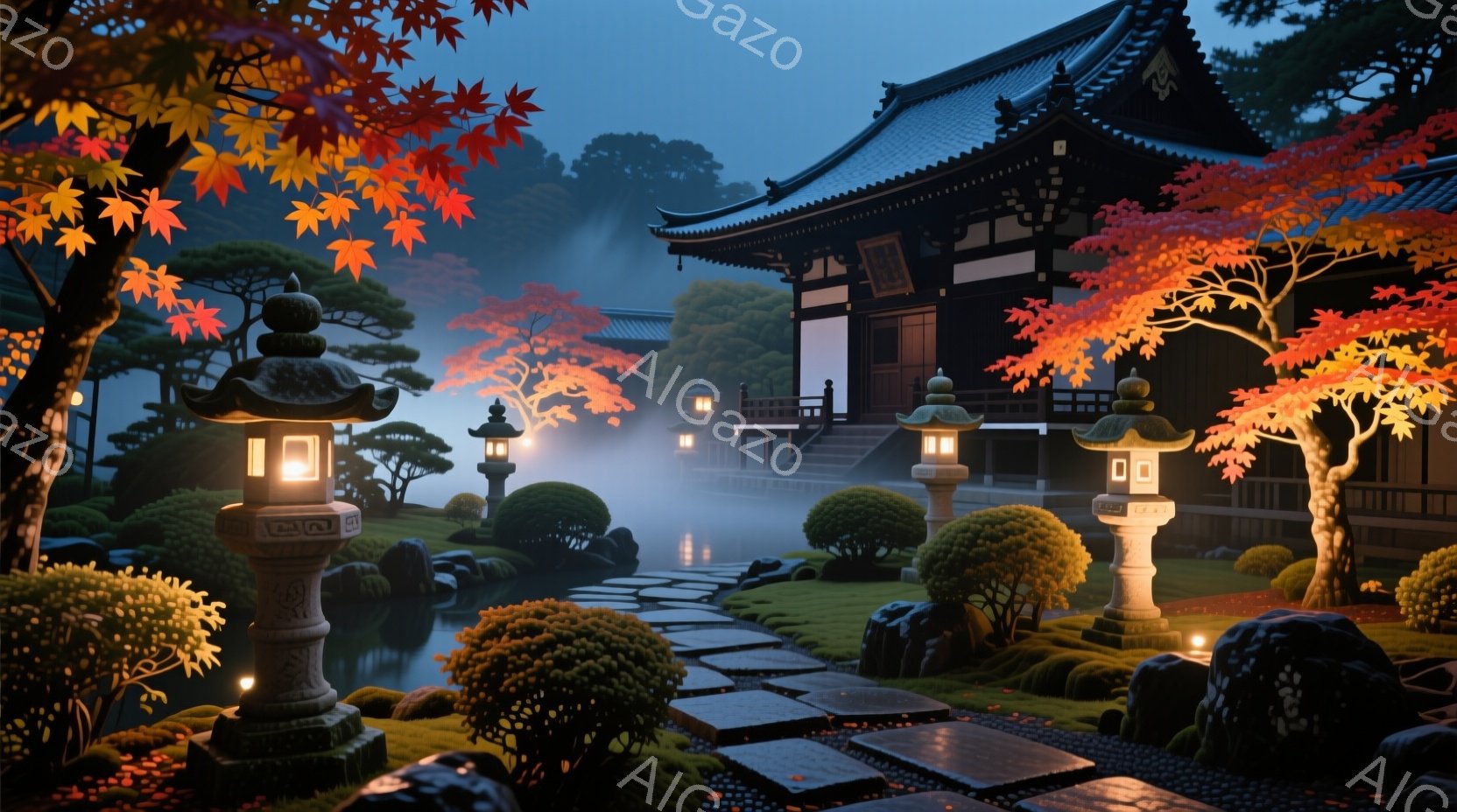 霧が立ち込める中、鮮やかな朱色の葉を持つ紅葉と、落ち着いた茶色の寺院が印象的な光景です。石畳の道と灯籠が配置され、手入れの行き届いた庭園が神秘的な雰囲気を醸し出しています。全体的に静寂と美しさを感じさせる、日本の秋の風景です。