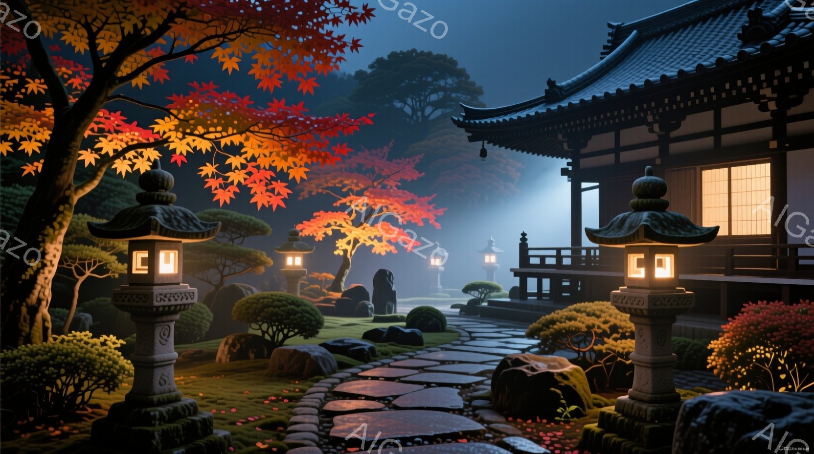 深紅と黄金に染まった紅葉が美しい庭園が描かれている。石灯籠が庭園の小道を照らし、伝統的な日本建築の建物が背景に見える。全体的に静寂と優雅さが漂う、幻想的な雰囲気である。