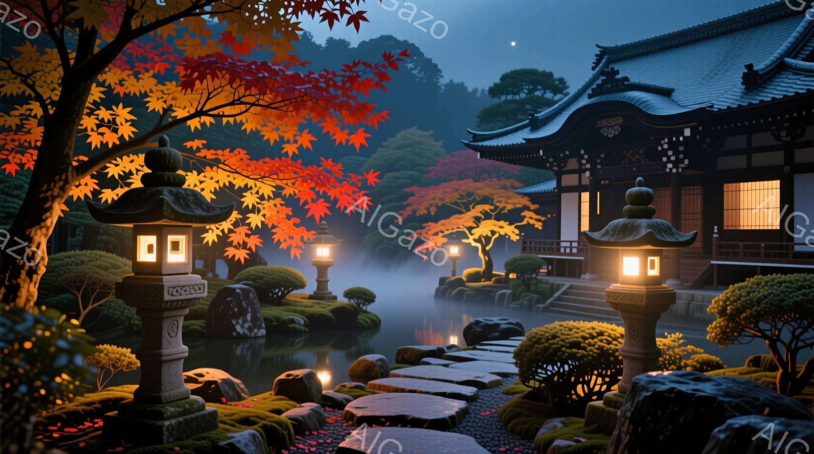 静かな庭園が夕暮れに照らされ、鮮やかな紅葉が水面に映り込んでいる。石灯籠が穏やかに光を灯し、苔むした石畳の道が庭の奥へと続いている。背景には伝統的な日本の建物が見え、全体的に落ち着いた、静謐な雰囲気が - AI生成フリー素材