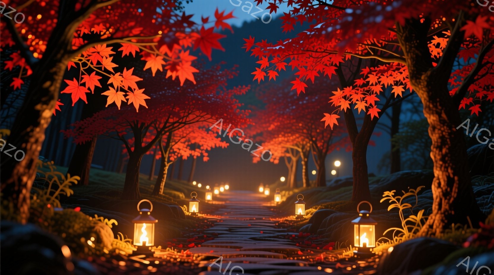 赤い紅葉のトンネルが印象的な風景です。石畳の道には無数の灯籠が並び、その光が幻想的な雰囲気を醸し出しています。背景は暗い森で、秋の夜の静けさと美しさが感じられます。