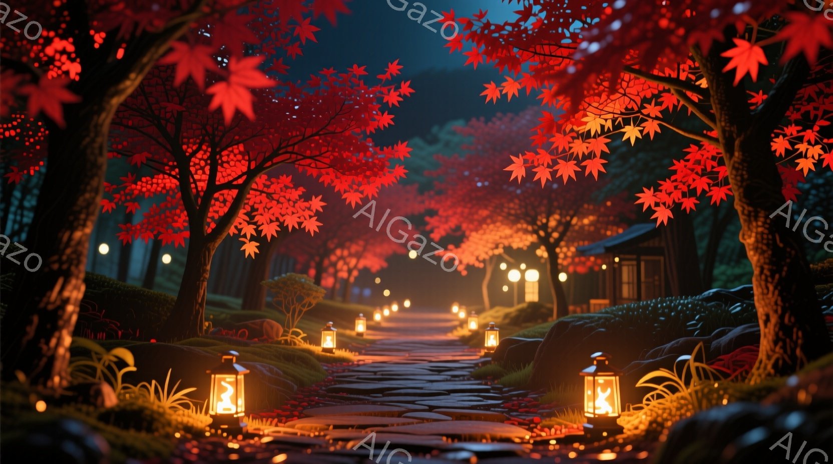 赤い紅葉のトンネルのような道が、石畳の庭園を貫いている。道の両脇には、暖かく光るランタンが並び、まるで幻想的な夜の散歩道のように見える。背景には、伝統的な日本の建築物が見え隠れし、落ち着いた雰囲気を醸し出している。