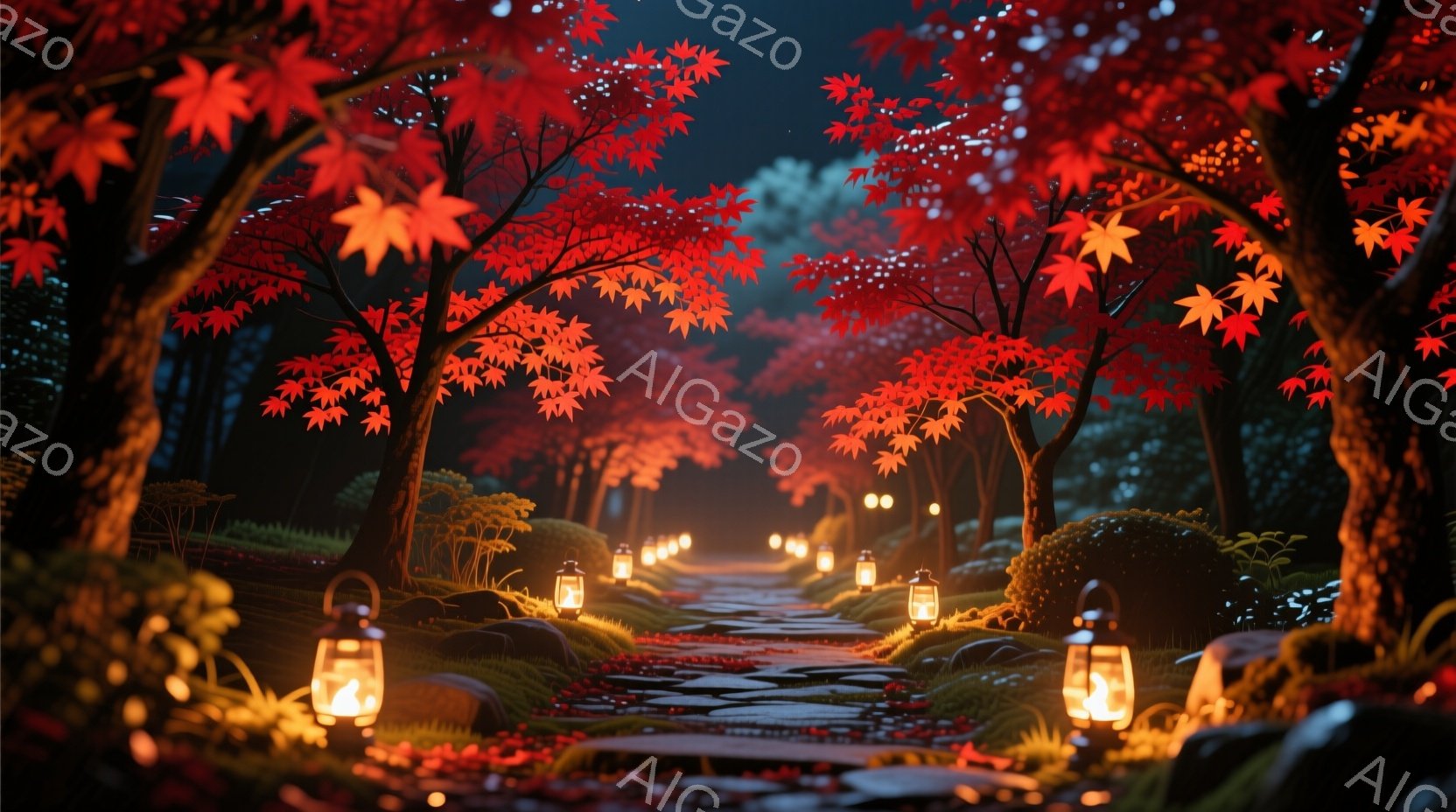 赤い紅葉の木々が両側に並び、石畳の道が奥へと続いている夜の庭園です。 提灯が道に沿って並べられ、暖かく幻想的な光を放ち、地面には紅葉が散りばめられています。 全体的に、静かで穏やかな、秋の夜の雰囲気が漂っています。