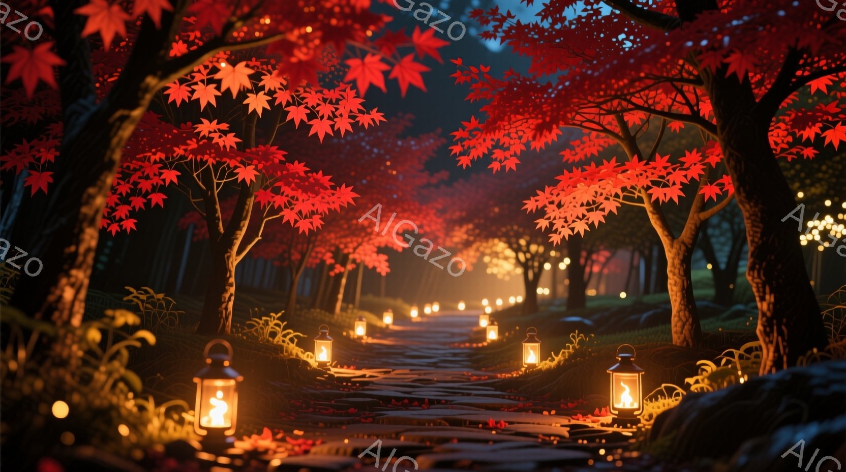 赤い紅葉のトンネルを照らす無数の灯籠が幻想的な光景を作り出している。石畳の道は落ち葉で覆われ、温かい光が道を優しく導いている。背景には暗い森が広がり、全体的に暖かく、神秘的で、穏やかな雰囲気が漂っている。