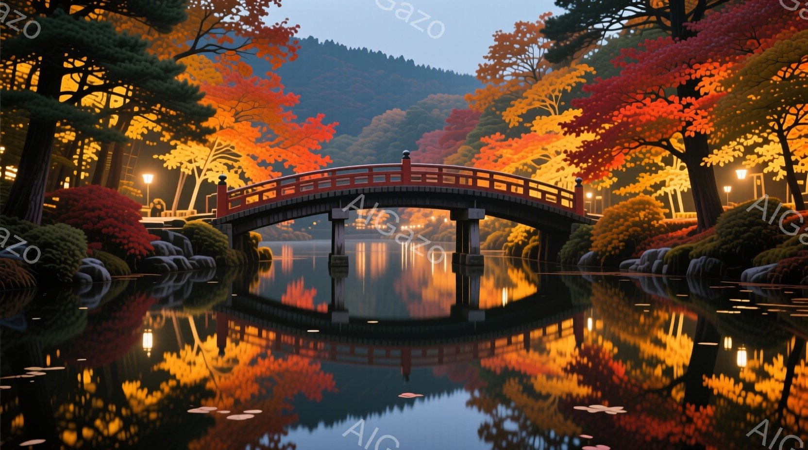 深紅と黄金色の紅葉に囲まれた優雅な赤い橋が、静かな水面に美しく映り込んでいる。橋の周りには手入れの行き届いた庭園が広がり、遠くには緑豊かな山々が連なっている。全体的に穏やかで幻想的な雰囲気が漂い、秋の深まりを感じさせる。