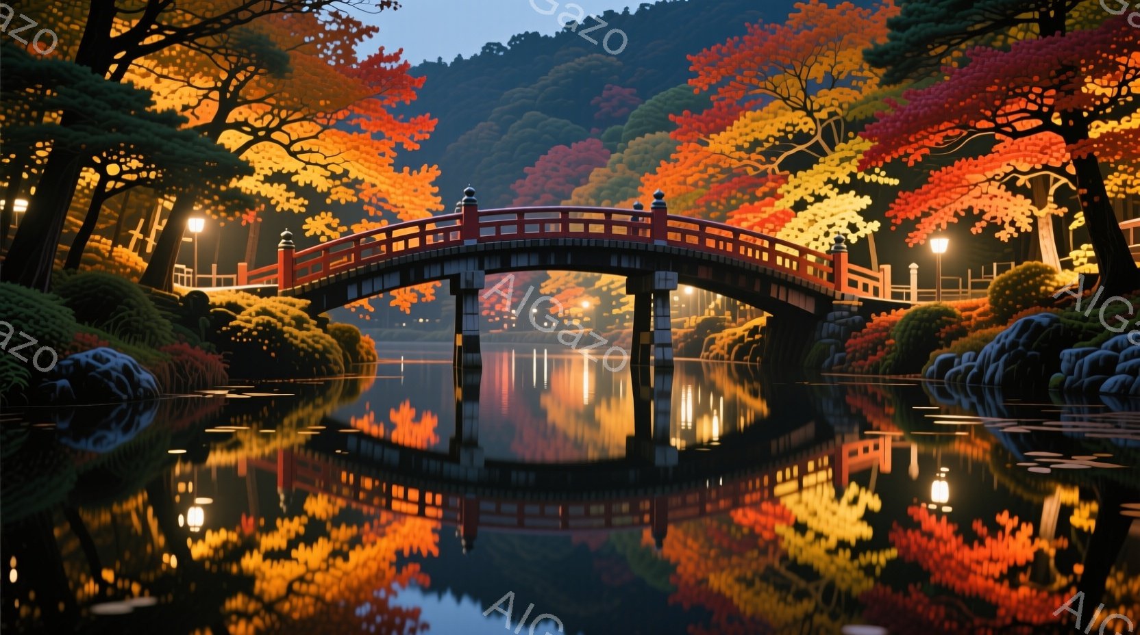 赤い橋が穏やかな水面に映り込み、周囲の木々は秋の鮮やかな色合いで彩られています。橋の上には明かりが灯り、水面にはその光が反射し、幻想的な雰囲気を醸し出しています。背景には緑豊かな山々が広がり、全体とし - AI生成フリー素材