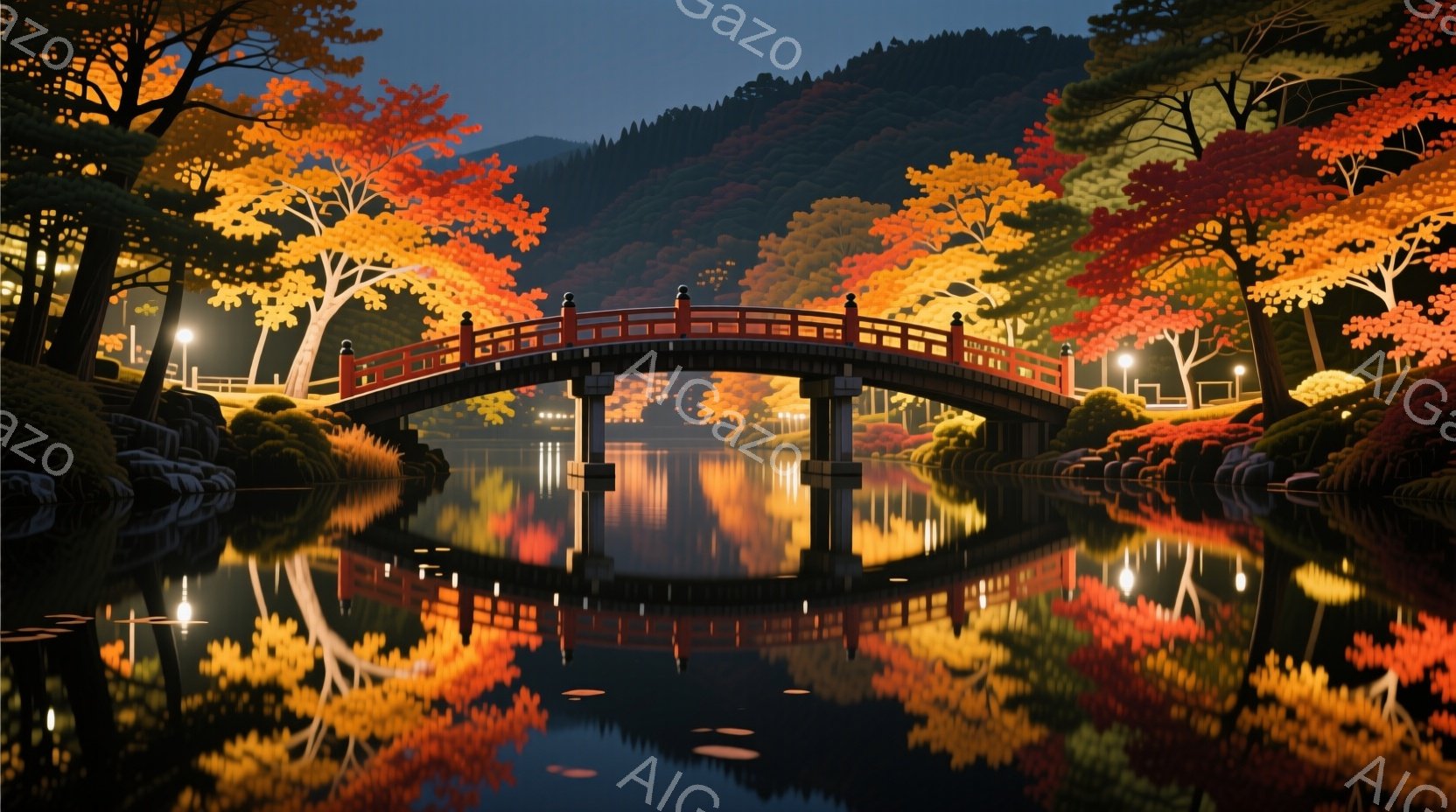 深い緑と燃えるような赤色の紅葉に囲まれた、鮮やかな朱色の太鼓橋が、穏やかな水面に美しく映り込んでいる。橋には提灯が灯り、水面にはその光と周囲の紅葉が反射し、幻想的な雰囲気を醸し出している。背景には鬱蒼とした木々が広がり、静寂と色彩豊かな秋の景色が印象的である。