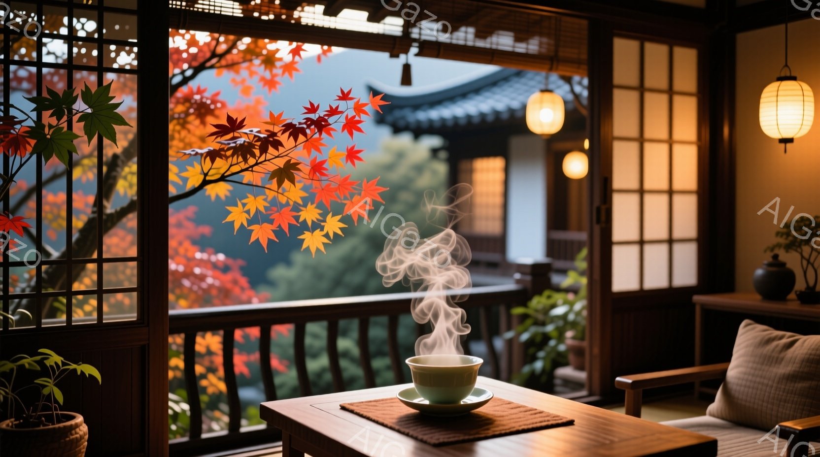 窓の外には鮮やかな紅葉が広がり、日本の伝統的な家屋が見える。室内には木製のテーブルがあり、湯気が立ち上る緑色の茶碗が置かれている、落ち着いた雰囲気が漂う和室だ。暖色の照明と自然光が相まって、静かで穏やかな空間を作り出している。