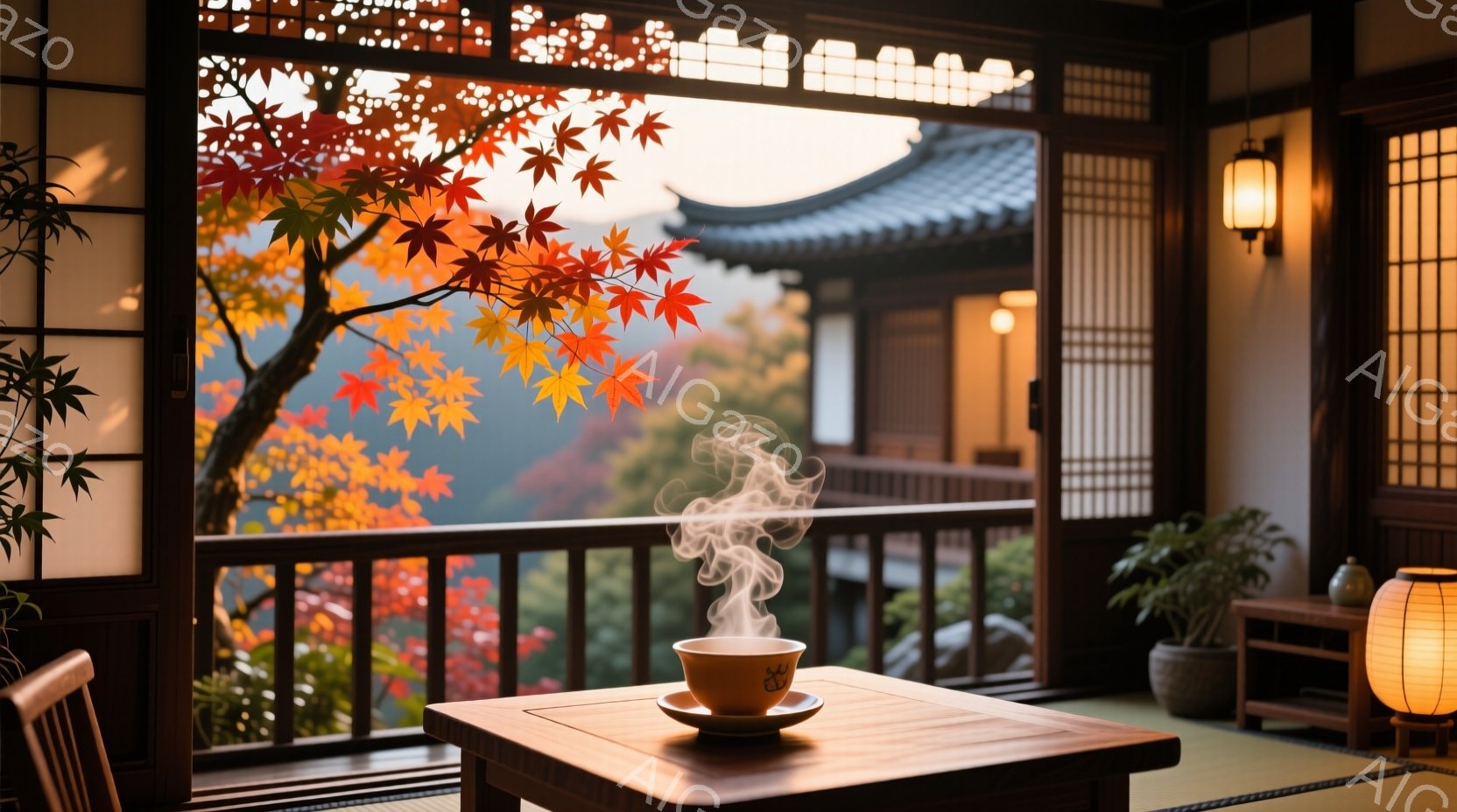 鮮やかな紅葉が広がる庭を望む、日本の伝統的な部屋の一室です。低い木のテーブルの上には湯気が立ち上る湯呑みが置かれ、落ち着いた雰囲気を醸し出しています。畳の床、障子、そして庭の自然が調和し、静寂で穏やか - AI生成フリー素材