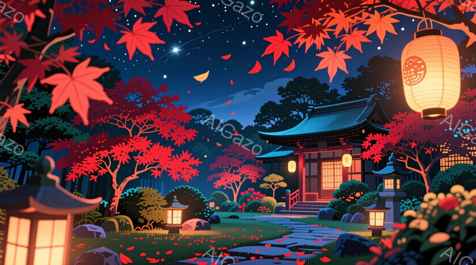 深紅とオレンジ色の紅葉が夜空の下で輝き、和風の建物がその美しさを引き立てています。建物は提灯や石灯籠によって照らされ、庭には散りゆく紅葉の葉が舞い散り、幻想的な雰囲気を醸し出しています。夜空には星が煌めき、静寂で穏やかな空間が広がっています。