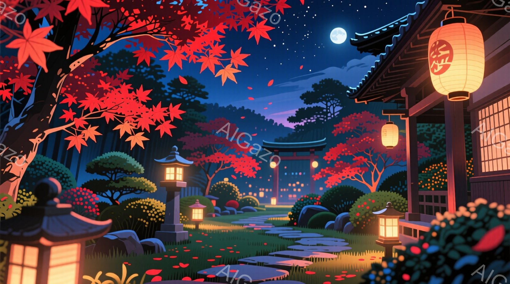 深紅の紅葉に彩られた夜の庭園が描かれている。石畳の道は奥へと続き、所々に灯りが灯り、幻想的な雰囲気を醸し出している。背景には寺院や日本家屋が見え、月明かりと紅葉が美しい夜の風景を演出している。 - AI生成フリー素材