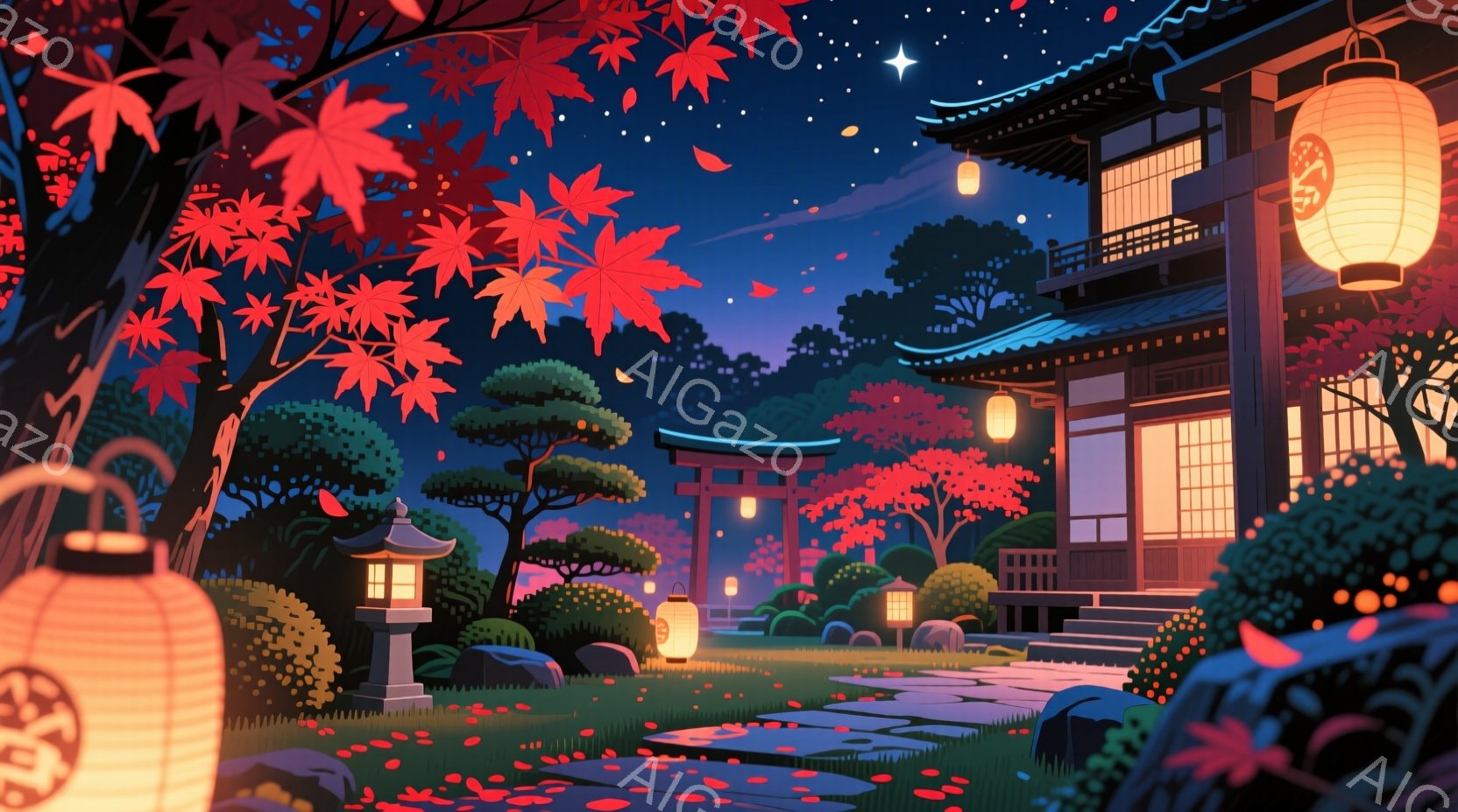 深紅と暗緑に彩られた夜の庭園が描かれている。朱色の鳥居と提灯が配置され、和風の建物がライトアップされている。紅葉が舞い散り、静かで幻想的な雰囲気が漂っている。 - AI生成フリー素材