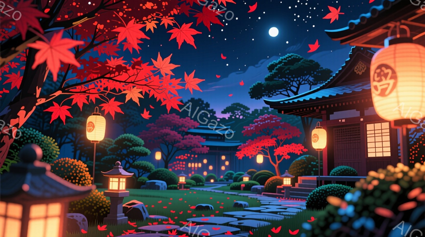 夜の庭園が描かれており、鮮やかな赤色の紅葉が舞い散る美しい光景が広がっています。和風の建物が並び、暖色の灯りが庭園を照らし出し、静かで幻想的な雰囲気を醸し出しています。庭には石畳の道があり、緑豊かな草木が茂り、月明かりと紅葉が織りなす夜の風景が印象的です。