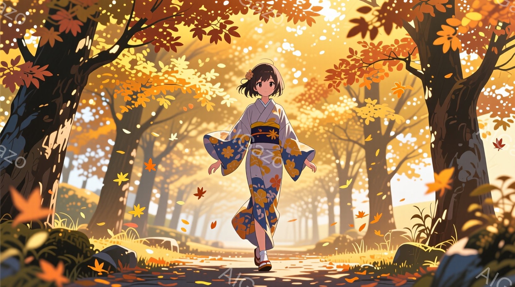 鮮やかな秋の風景の中に、着物を着た若い女性が歩いている。彼女は明るい色の花柄の着物と、黒い髪を結んだ簡素なヘアスタイルで、穏やかな笑顔を浮かべている。背景には、紅葉で彩られた木々が立ち並び、落ち葉が舞う道は暖かく、穏やかな雰囲気を醸し出している。