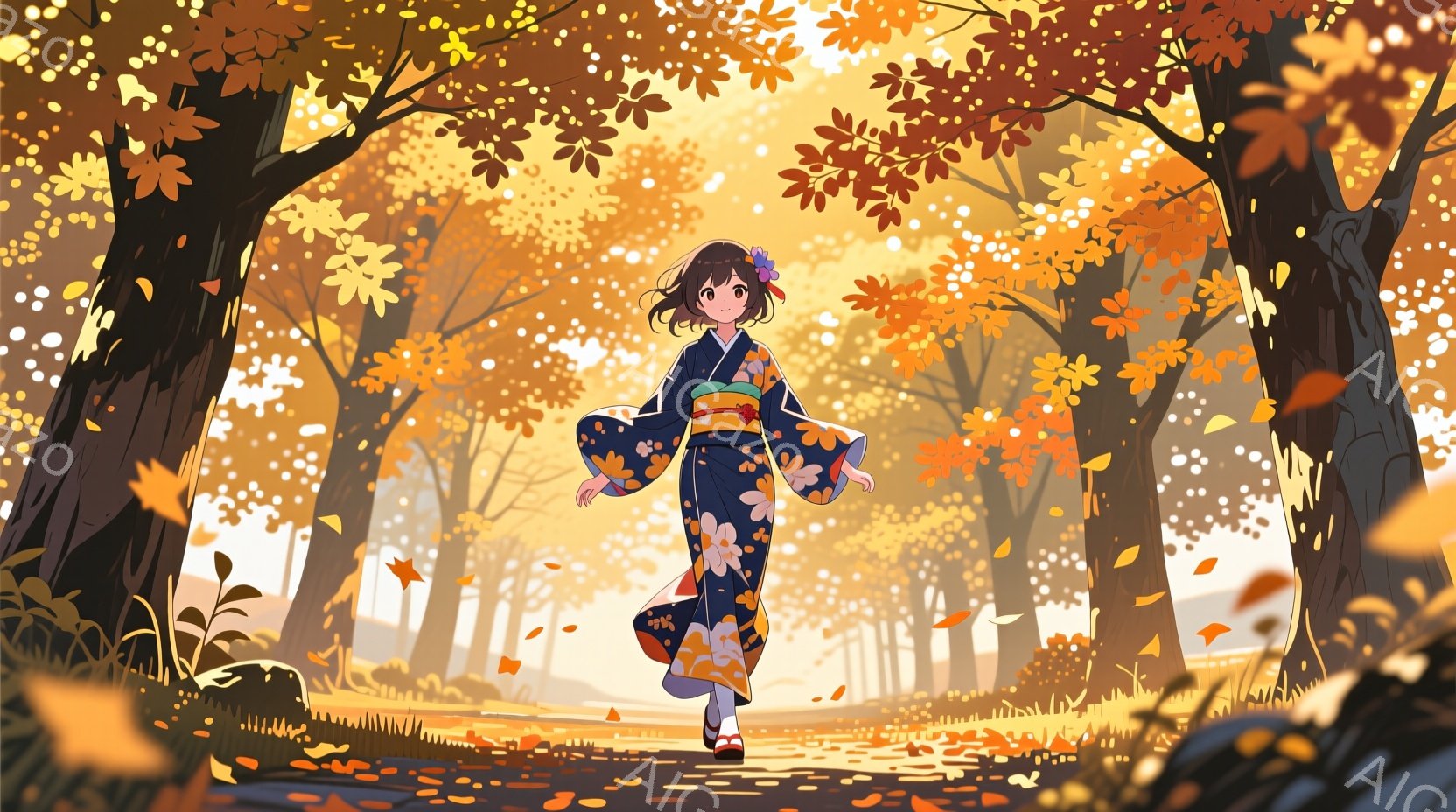 少女は鮮やかな青色の着物を着て、秋の森の中を歩いている。彼女は笑顔で前を向き、長い黒髪は背中に流れている。背景には、紅葉で色づいた木々と、落ち葉が舞う明るい道が広がり、温かく幻想的な雰囲気を醸し出している。