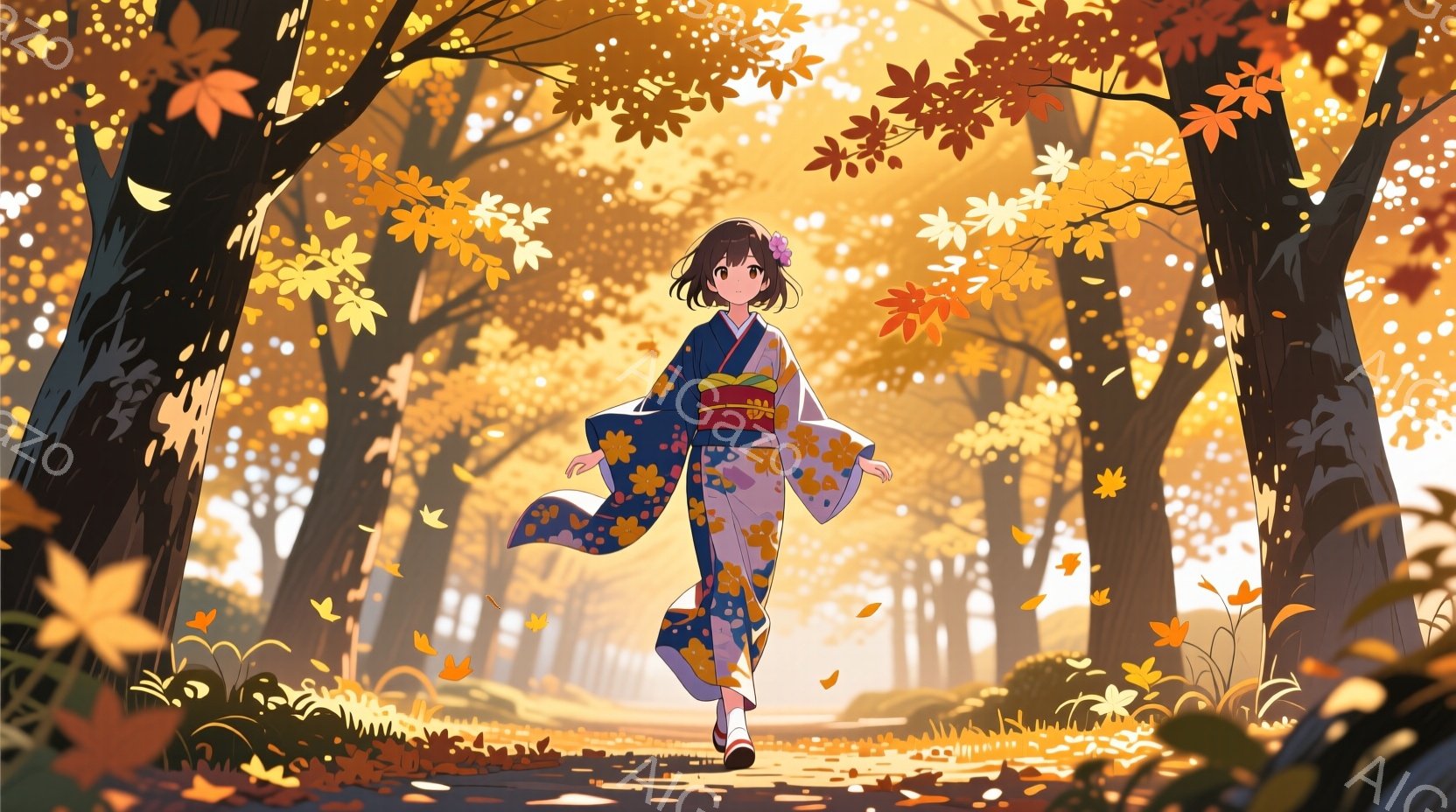 鮮やかな色の着物を着た少女が、紅葉の並木道を歩いている。彼女は黒髪を後ろで結い、穏やかな笑顔を浮かべている。背景には、燃えるような赤やオレンジ色の葉が舞い、秋の暖かい日差しが差し込んでいる。