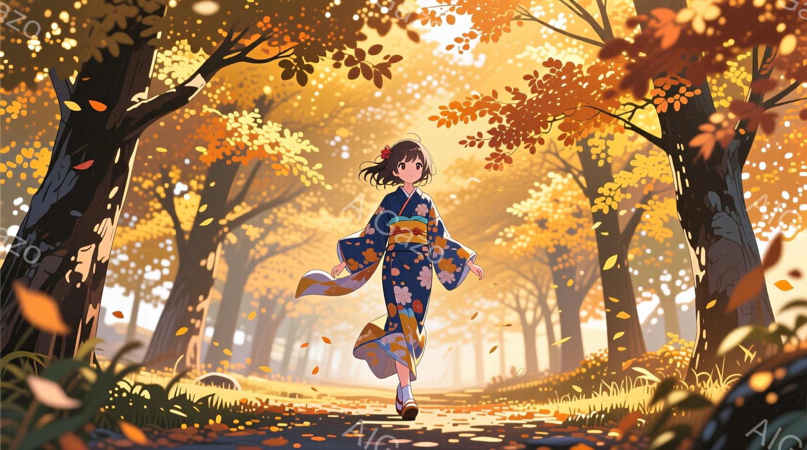 明るい青色の着物を着た少女が、紅葉の美しい並木道を歩いている。彼女は黒髪で、軽く微笑んでいるように見え、リラックスした表情をしている。背景には黄金色の葉が舞い散る木々が立ち並び、全体的に温かく幻想的な雰囲気を醸し出している。
