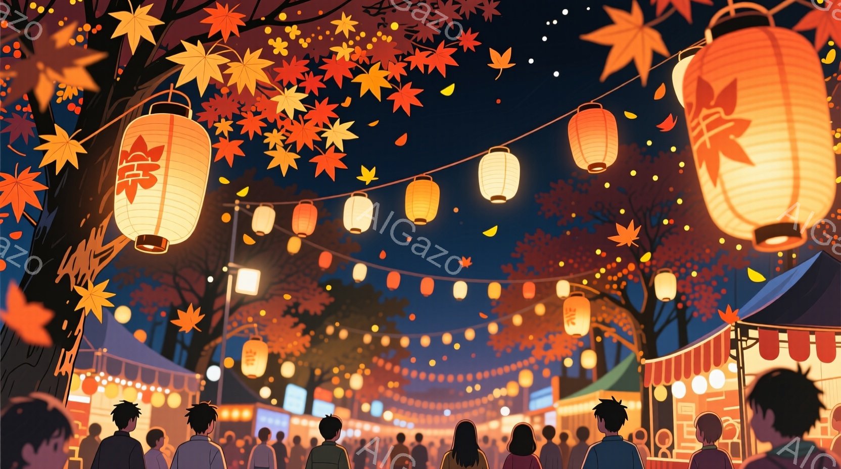 鮮やかなオレンジ色の葉が舞い散る夜の祭りの様子が描かれている。多くの人々が屋台が並ぶ通りを歩き、後ろ姿からは楽しげな雰囲気が伝わってくる。オレンジ色に光る提灯が空を飾り、背景には薄暗い建物と木々が描かれ、秋の夜の温かい光景が表現されている。