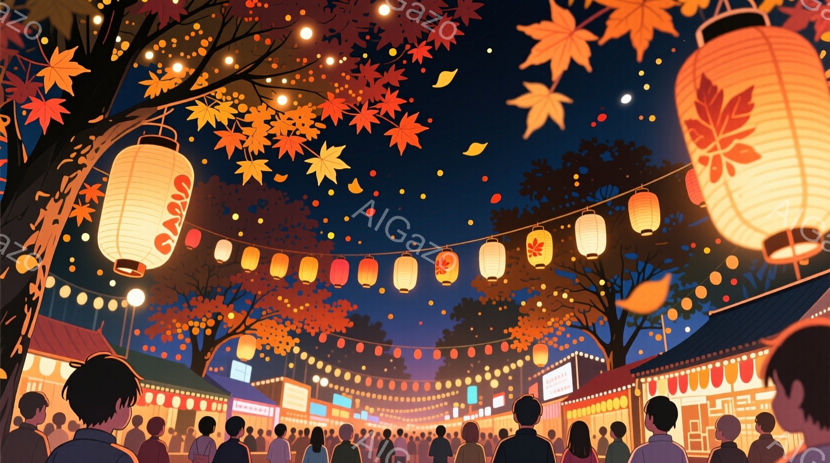 夜の祭り会場が描かれており、人々が屋台の前に集まっている様子が伺えます。人々はカジュアルな服装で、後ろ姿しか見えませんが、楽しそうな雰囲気が伝わってきます。背景には木製の建物と紅葉の葉が舞い、提灯の灯りが温かい光を放ち、秋の夜の賑やかな祭りの雰囲気を表現しています。