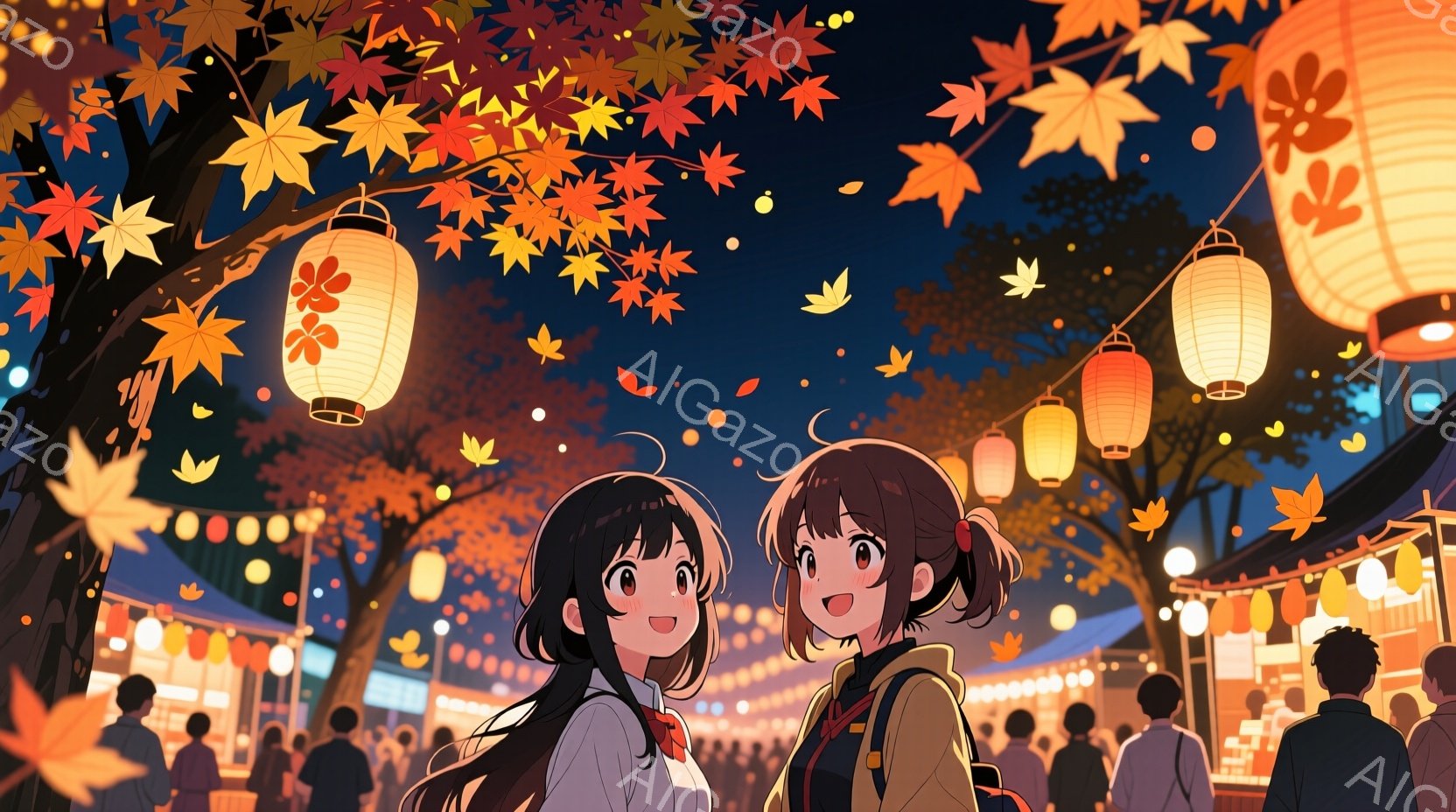 2人の若い女性が、夜の祭りの賑やかな通りに立っています。彼女たちはそれぞれ制服に似た服装で、一人は長い黒髪で、もう一人は茶色の巻き毛の髪型をしています。背景には、提灯が飾られた屋台が並び、空には紅葉の葉が舞い散り、温かく幻想的な雰囲気を醸し出しています。
