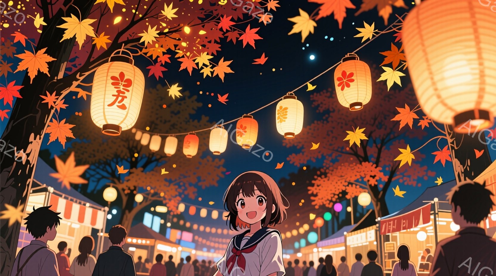 少女は紺色のセーラー服を着て、赤いリボンを付け、満面の笑みを浮かべている。背景には屋台が並び、提灯が灯り、秋の夜祭りの賑やかな雰囲気が漂っている。木々の葉は赤や黄色に染まり、落ち葉が舞い散る様子が、季節の移ろいを表現している。