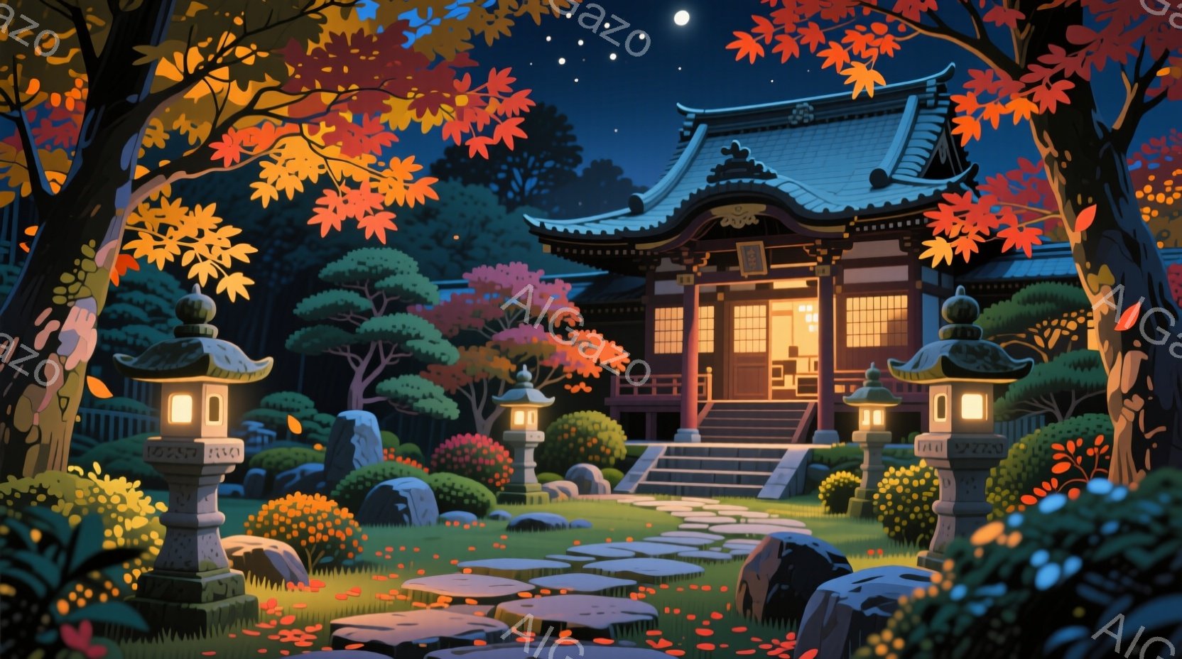 夜の静寂の中に佇む、日本の伝統的な寺院が描かれています。鮮やかな紅葉に囲まれ、石灯籠が温かい光を放ち、石畳の道が寺院へと続いています。夜空には星が輝き、全体的に穏やかで幻想的な雰囲気が漂っています。