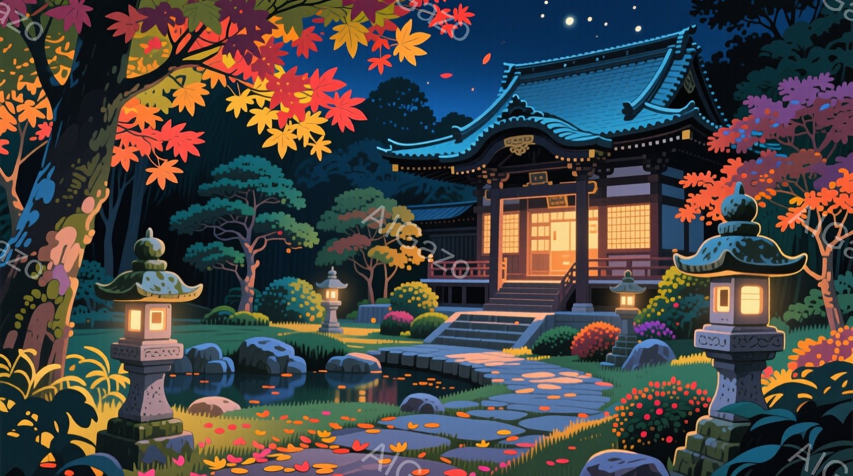 古風な寺院が、鮮やかな紅葉に囲まれて描かれています。寺院は暗く、温かい光が窓から漏れており、石灯籠が庭を照らしています。池と石畳の道が寺院へと繋がり、夜空には星が輝き、静かで穏やかな雰囲気を醸し出しています。
