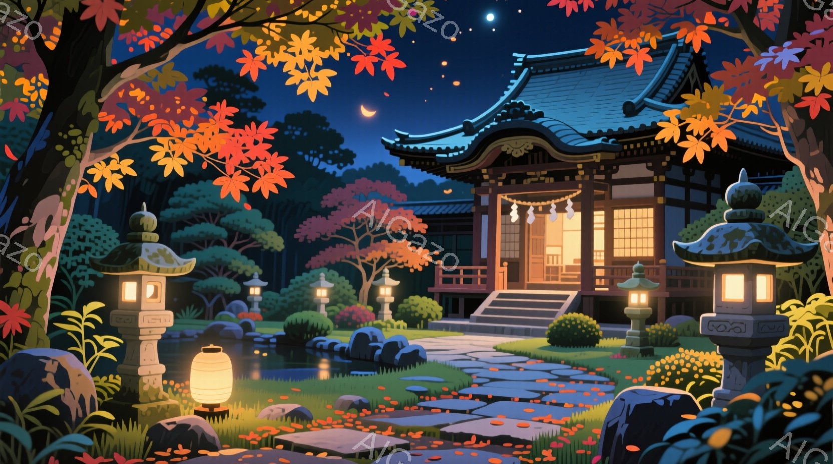 深夜、鮮やかな紅葉に囲まれた寺院が描かれています。寺院は暖色の光で照らされ、石畳の道には散った葉が舞い散っています。背景には緑豊かな木々が広がり、静かで幻想的な雰囲気が漂っています。