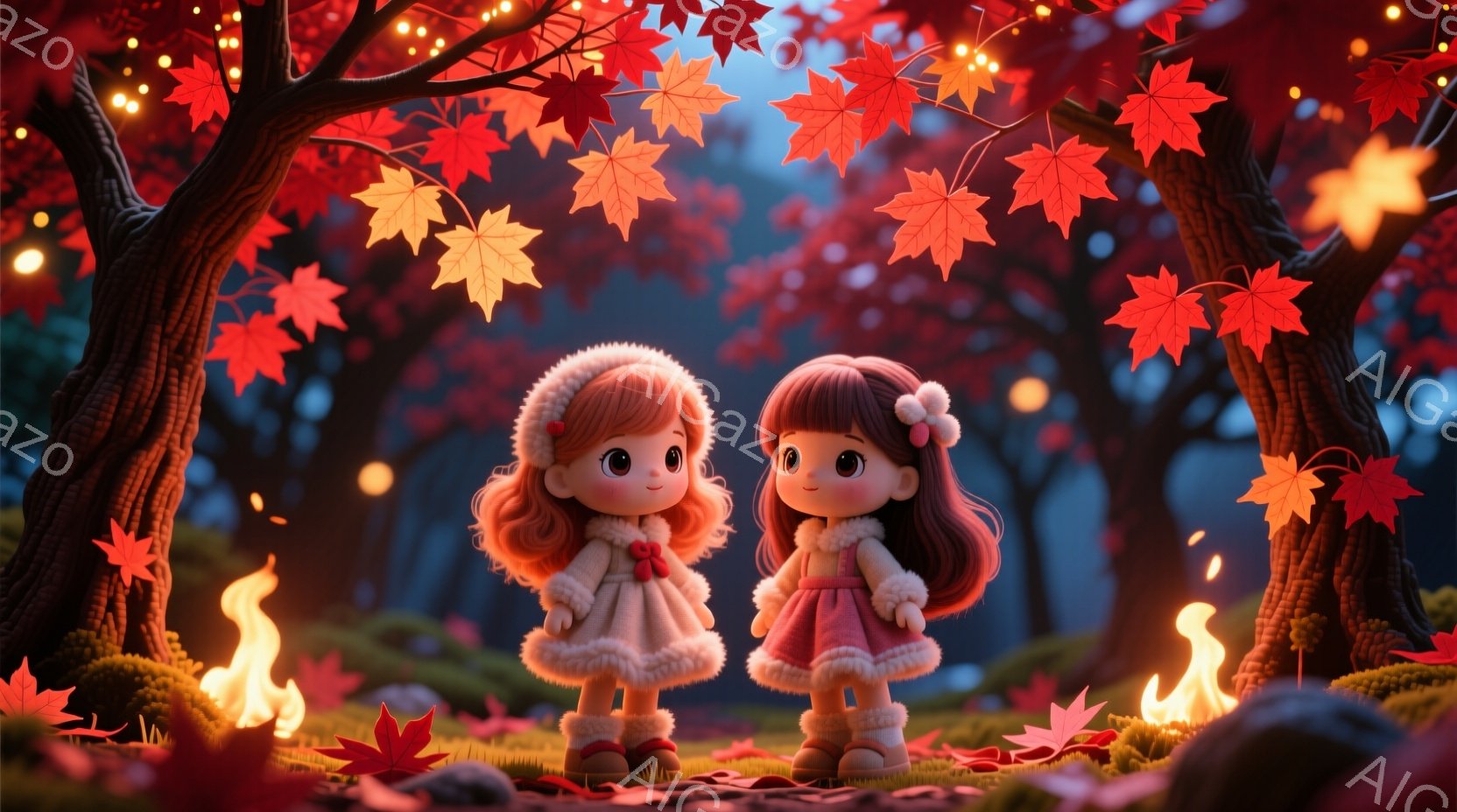 可愛らしい少女たちが並んで立っており、それぞれクリーム色の毛皮のついたピンクのコートを着ています。彼女たちはカールした茶色の髪を垂らし、大きな瞳で微笑んでいます。背景には秋の紅葉の木々と、暖炉のような炎が灯っており、幻想的で温かい雰囲気を醸し出しています。
