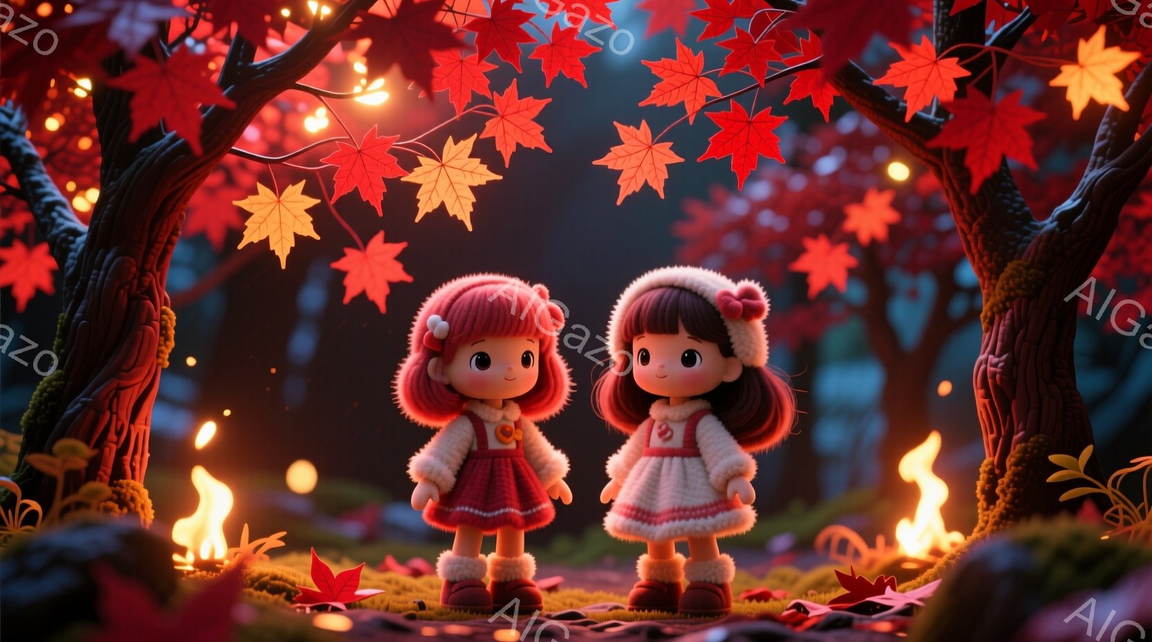 二人の少女は、赤い毛髪を可愛らしく結い、冬らしい服装をしています。それぞれ赤いニット帽を被り、白い毛皮の縁取りのある暖かいコートと、雪の結晶のような模様が入ったブーツを履いています。背景には、紅葉した木々と、地面に散らばる赤い葉が描かれ、暖かく幻想的な秋の雰囲気を醸し出しています。