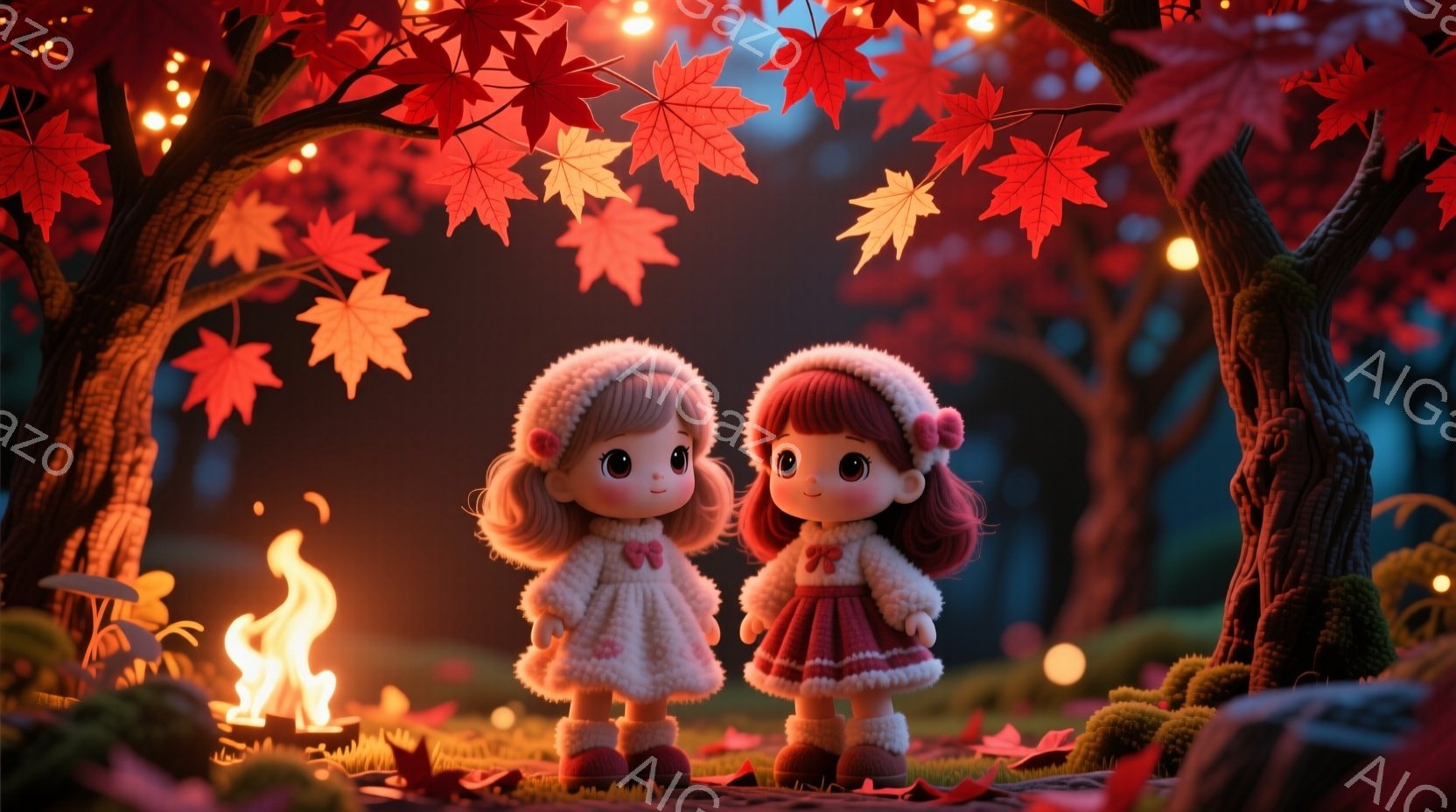 可愛らしい人形の女の子が二人、秋の森の中で寄り添って立っています。片方はふわふわのクリーム色の帽子とコート、もう片方は赤いスカートとピンクの帽子を着ており、どちらも大きな瞳と微笑みを湛えています。背景には燃え盛る暖炉と、燃えるような紅葉の木々が広がり、温かく幻想的な雰囲気を醸し出しています。
