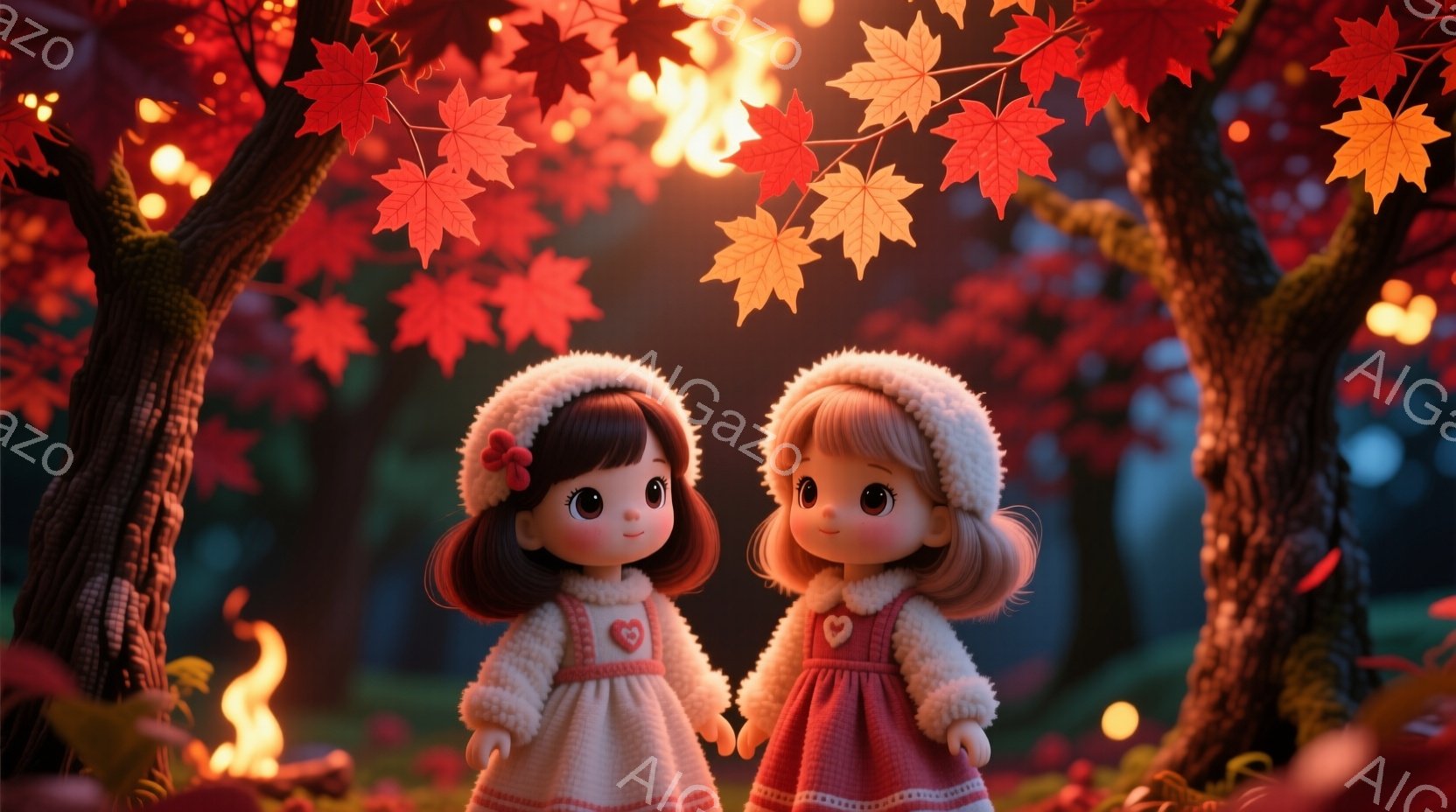 可愛らしい人形のような女の子が二人、並んで立っています。それぞれ赤い縁取りの白い帽子をかぶり、クリーム色とピンク色のワンピースに身を包み、片手にハート型の飾りを持っています。背景には鮮やかな赤色の紅葉が広がり、暖かく幻想的な雰囲気を醸し出しています。