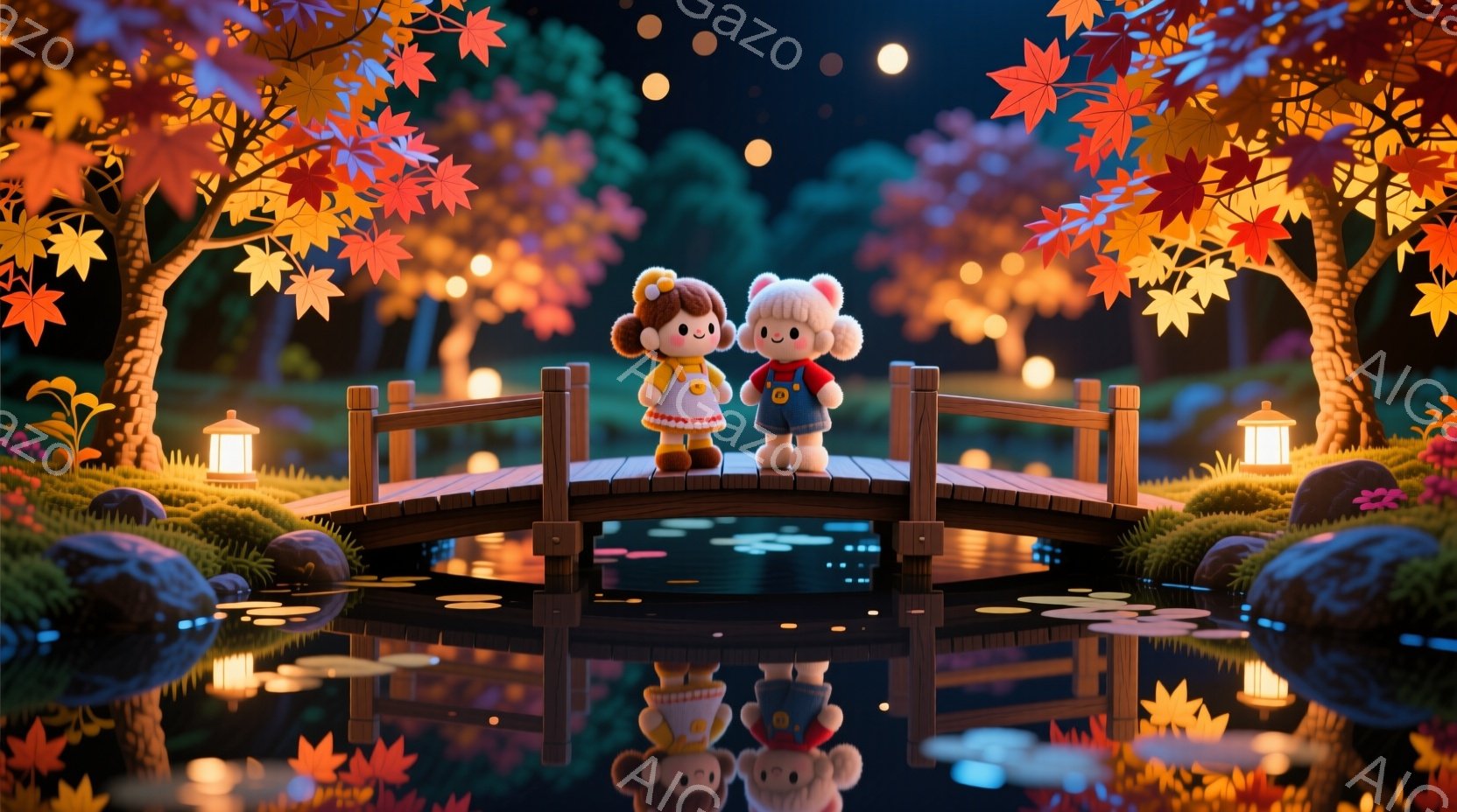 小さな女の子と男の子が、赤いもみじの木々が生い茂る池の上の木製の橋に立っています。女の子はオレンジ色のオーバーオールに白い髪飾りをつけて微笑み、男の子は青いオーバーオールに帽子をかぶって同じように微笑んでいます。背景には、池に映る橋の光と、暖かく幻想的な雰囲気を醸し出す夜空の星が散りばめられています。