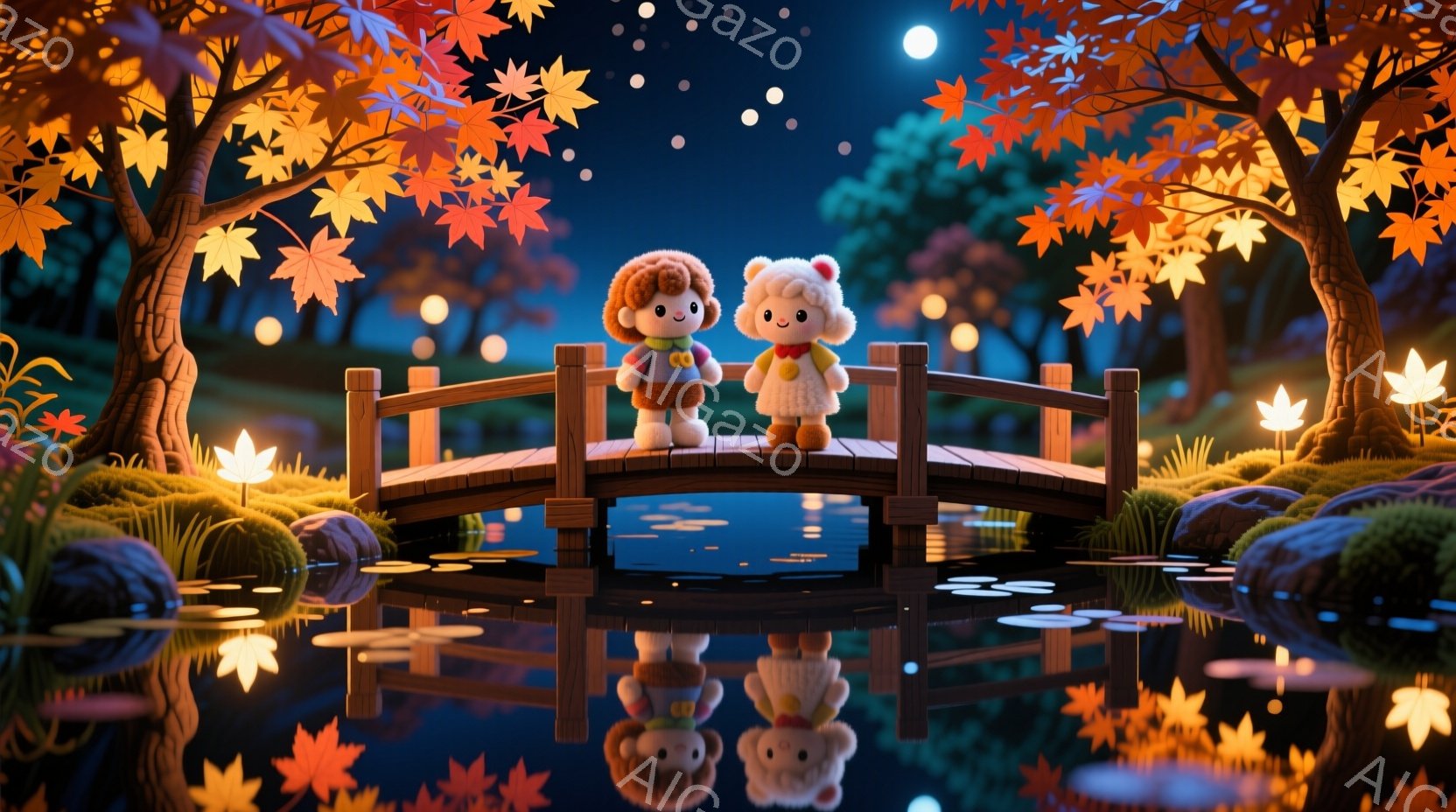 明るいオレンジ色の髪の少年と、ふわふわの白い髪の少女が、小さな木製の橋の上に立っています。少年はオレンジ色のベストとズボンを着用し、少女は白いセーターとスカートを着ていて、顔には穏やかな笑顔が見られます。背景には紅葉した木々、水面に反射する光、そして夜空が広がり、全体的に穏やかで幻想的な雰囲気を醸し出しています。