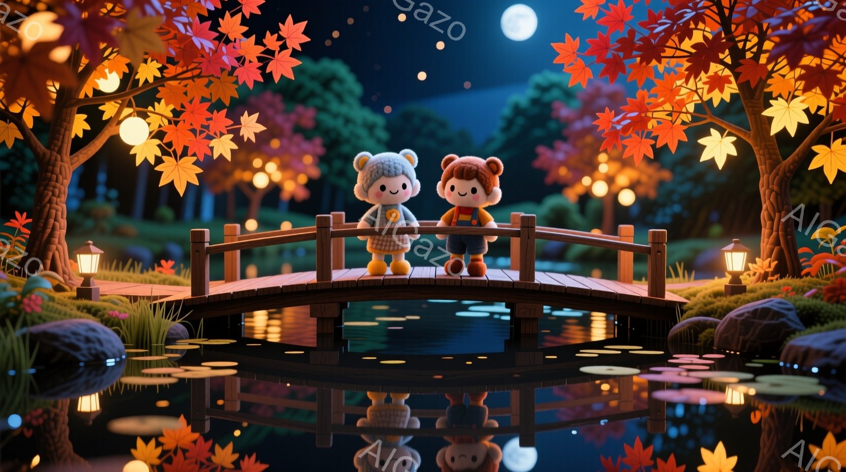 鮮やかな紅葉に囲まれた木製の橋の上に、可愛らしい人形のような少年少女が並んで立っています。少女はニット帽をかぶり、オレンジ色の服を着て穏やかな笑顔を浮かべています。背景には、静かな池、岩、そして月明かりが照らす夜の風景が広がっており、温かく幻想的な雰囲気を醸し出しています。