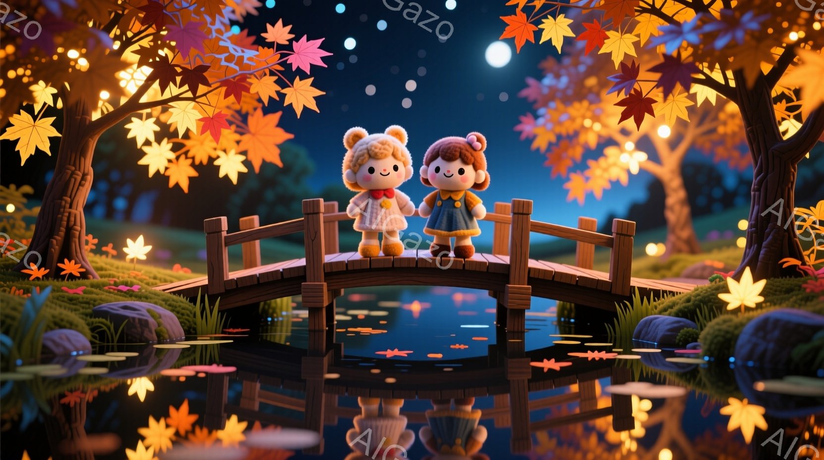 二人の幼い子供が、秋の風景の中に架かる小さな木橋の上に立っています。女の子は赤い帽子とセーターを着ており、男の子はクマの帽子とセーターを着ています。周囲は鮮やかな紅葉に囲まれ、水面には橋と紅葉が映り込み、幻想的な雰囲気を醸し出しています。