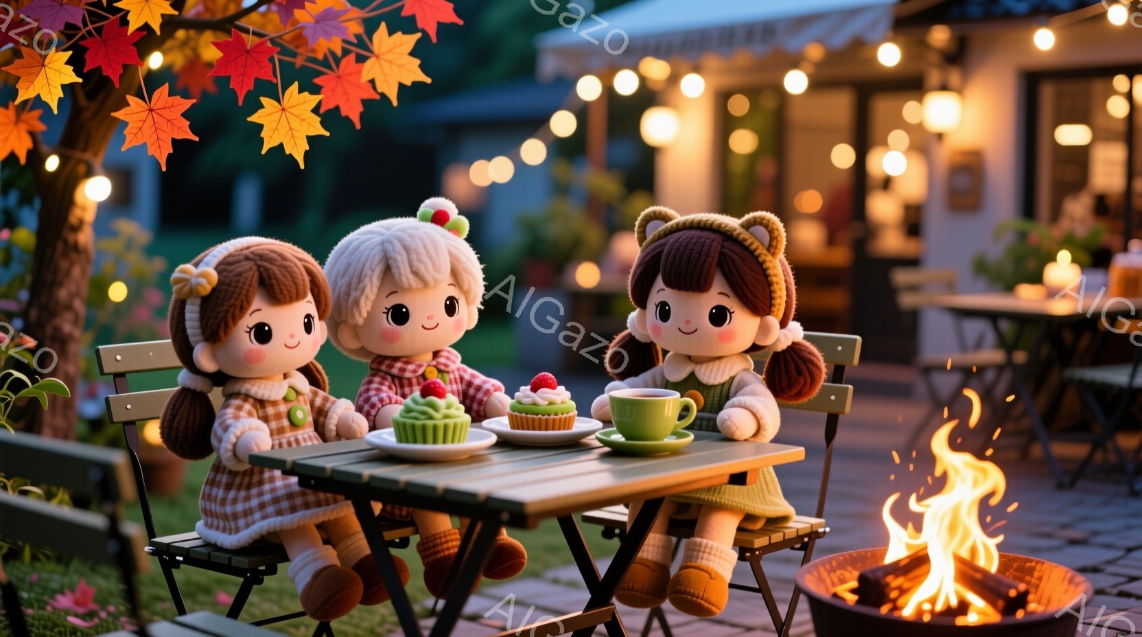 三人の人形がピクニックテーブルを囲んで座っており、それぞれお菓子と飲み物を用意されている。人形たちは皆、茶色の巻き毛に、赤いリボンや花飾りをつけた可愛らしいヘアスタイルで、穏やかな表情を浮かべている。背景には、暖炉の炎、木々、イルミネーションが灯る建物があり、秋の夜の温かく心地よい雰囲気を醸し出している。