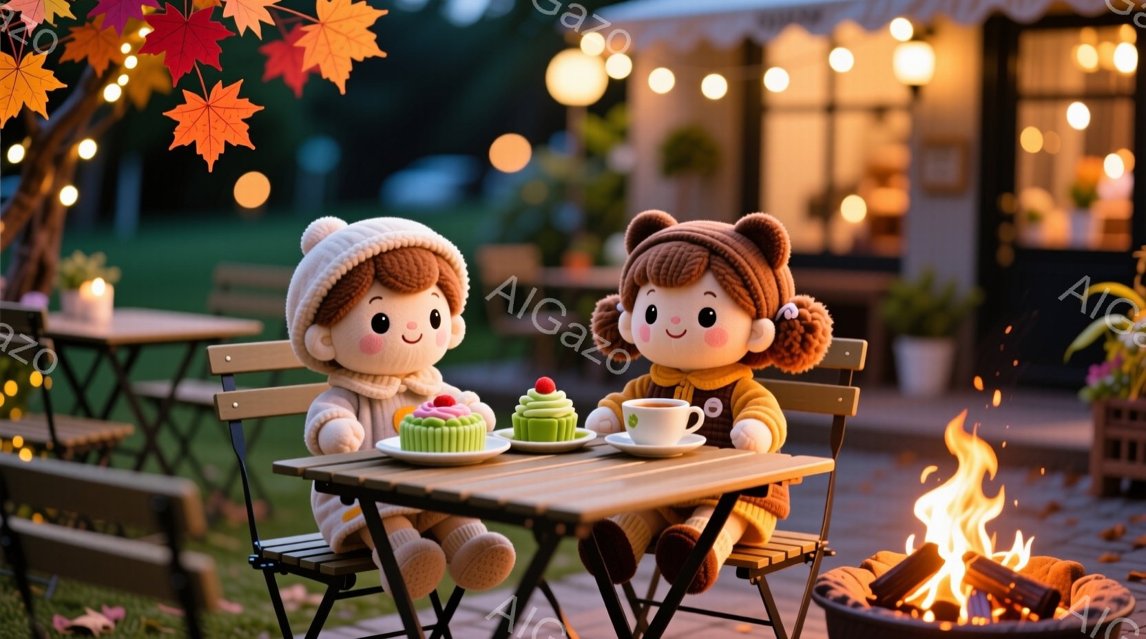 可愛らしい人形が二人、屋外のカフェで向かい合って座っています。人形はそれぞれ赤い帽子をかぶり、緑色のセーターを着ており、満面の笑みを浮かべています。背景には、温かい光で飾られたカフェや、暖炉の火、そして秋らしい紅葉が広がり、温かく穏やかな雰囲気を醸し出しています。