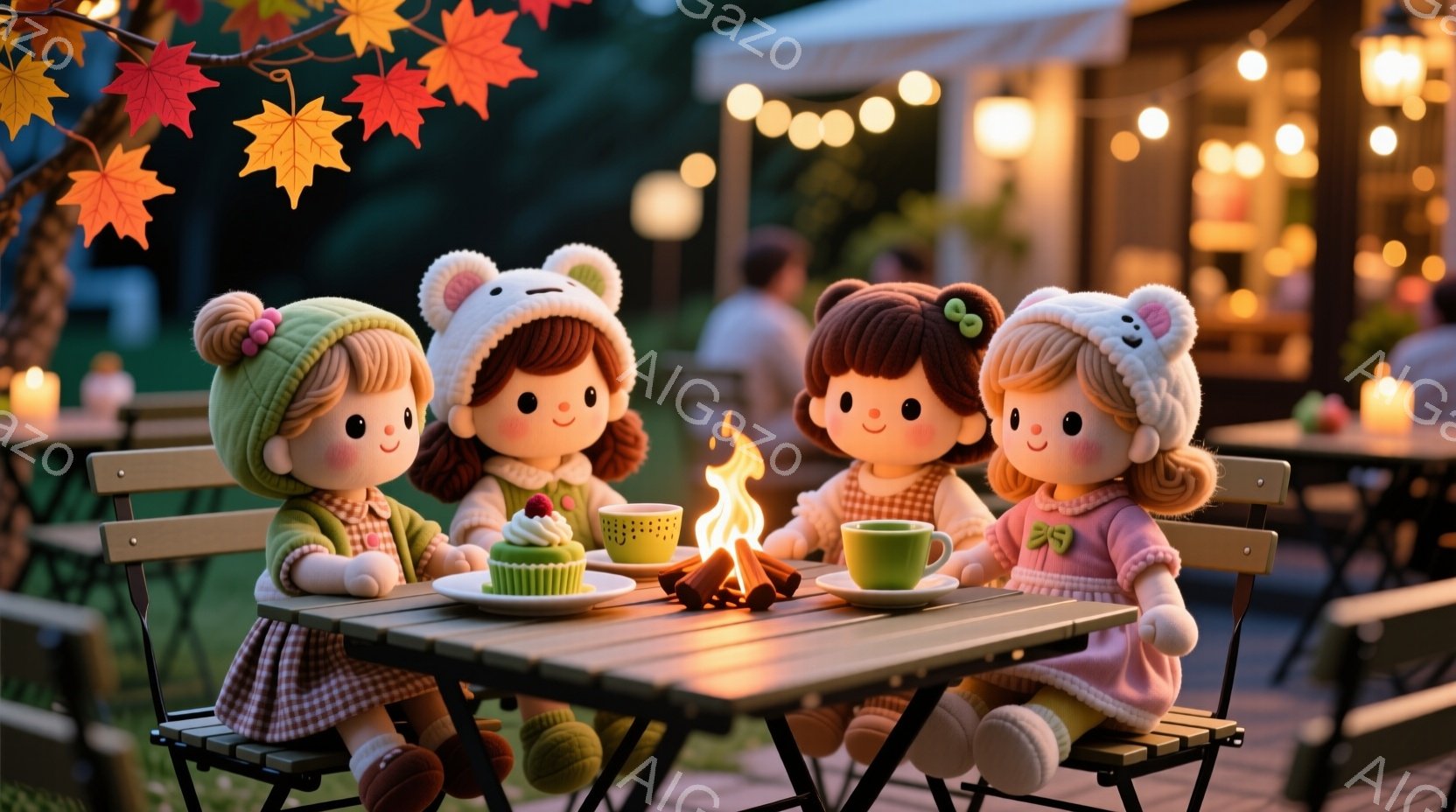 可愛らしい人形たちが、暖炉を囲んでティータイムを楽しんでいます。それぞれ異なる色のニット帽と、パステルカラーの可愛らしい服装を身につけており、ほほえましい表情をしています。背景にはぼやけたカフェのテラス席と、秋らしい紅葉の木々が見え、温かく心地よい雰囲気です。